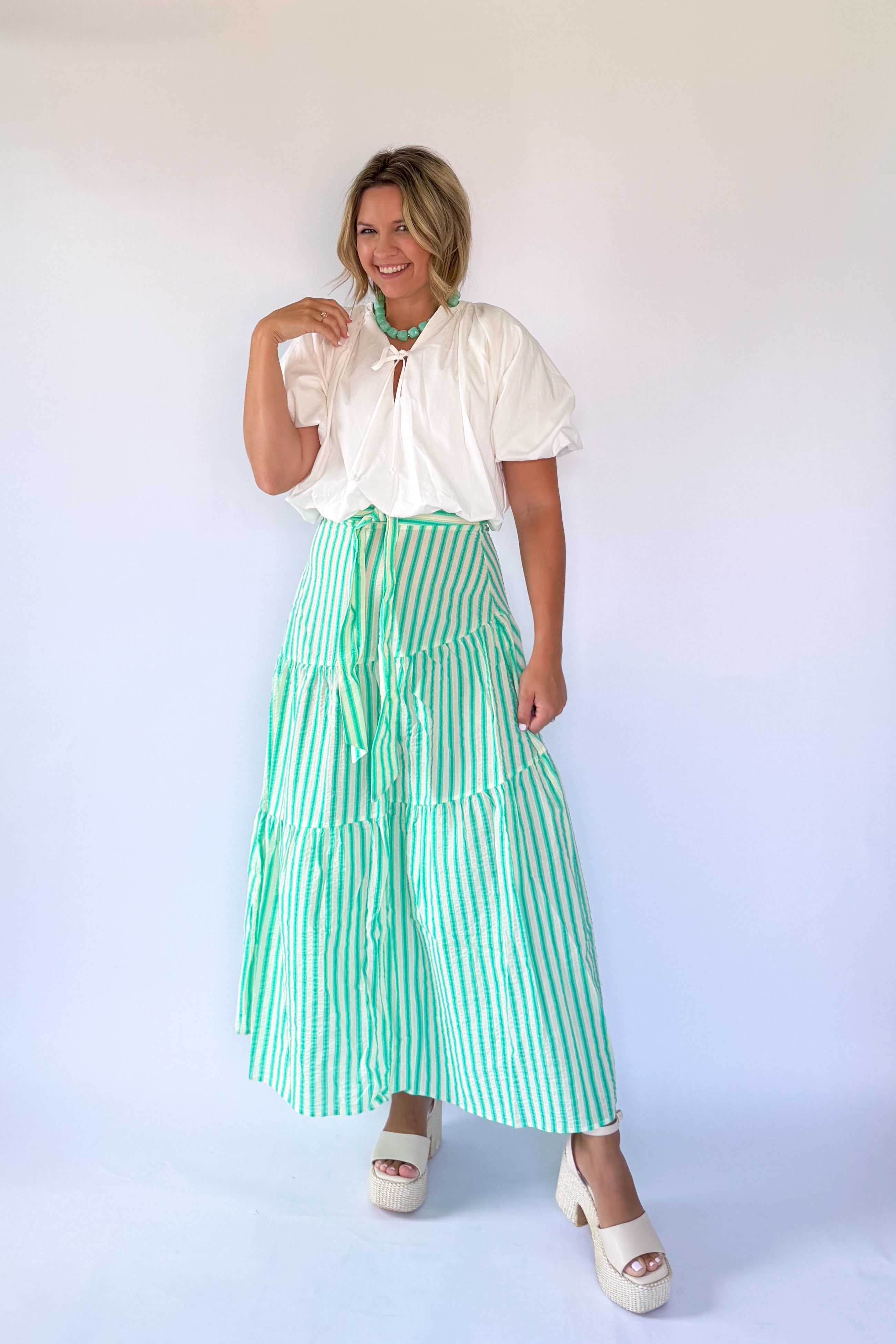 Seersucker Stripe Maxi Skirt By Karlie