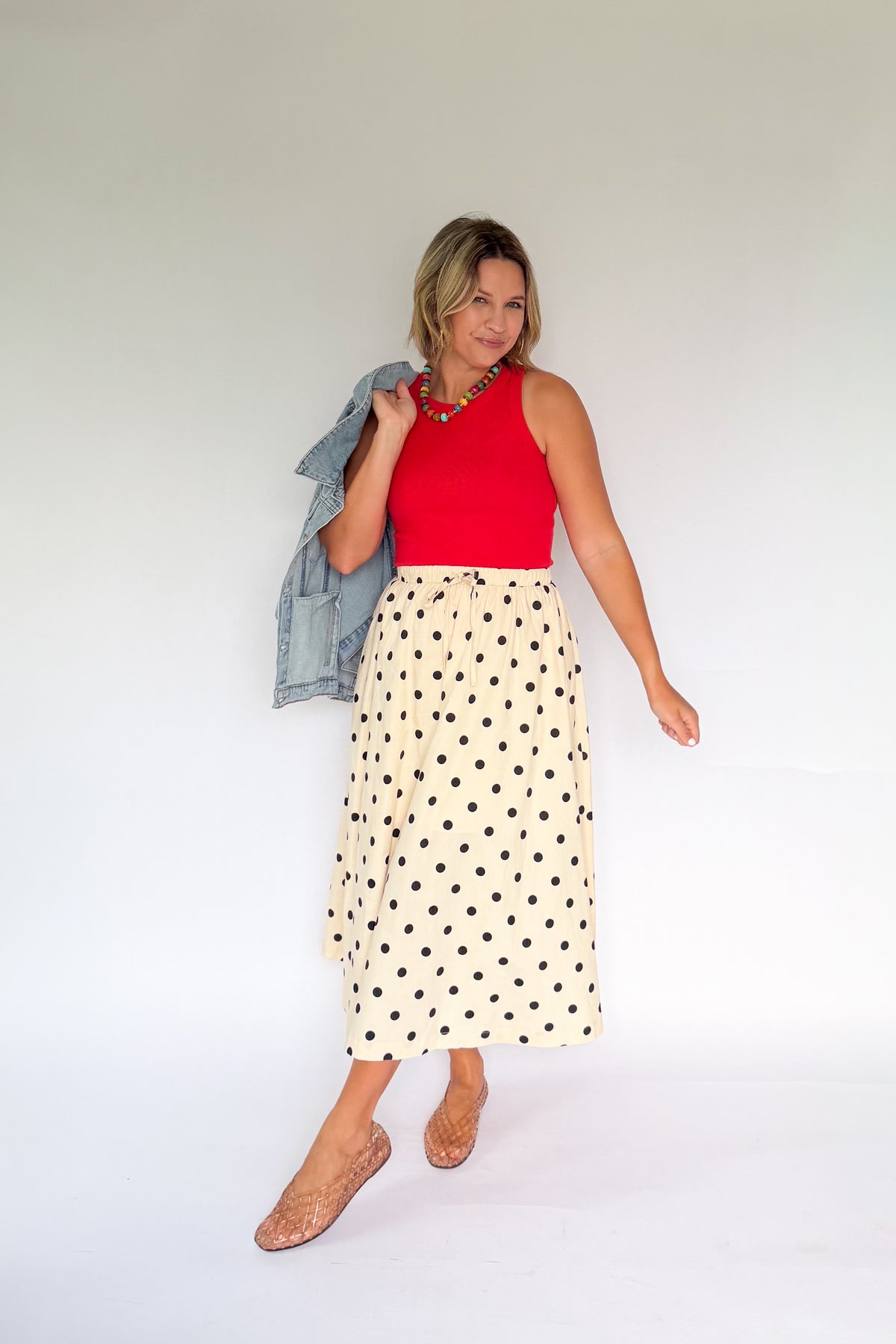 wishlist ivory midi skirt with black polka dots