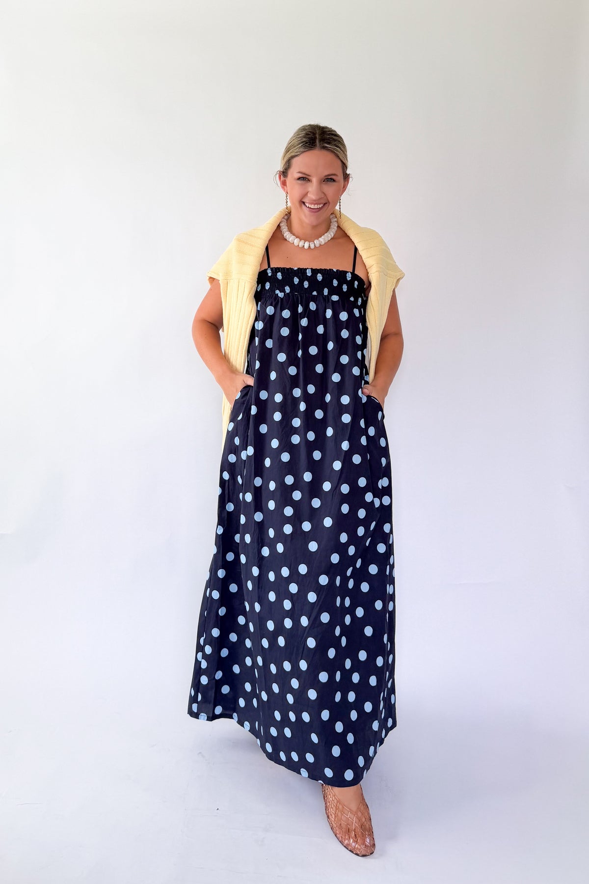 things between navy maxi with blue polka dots