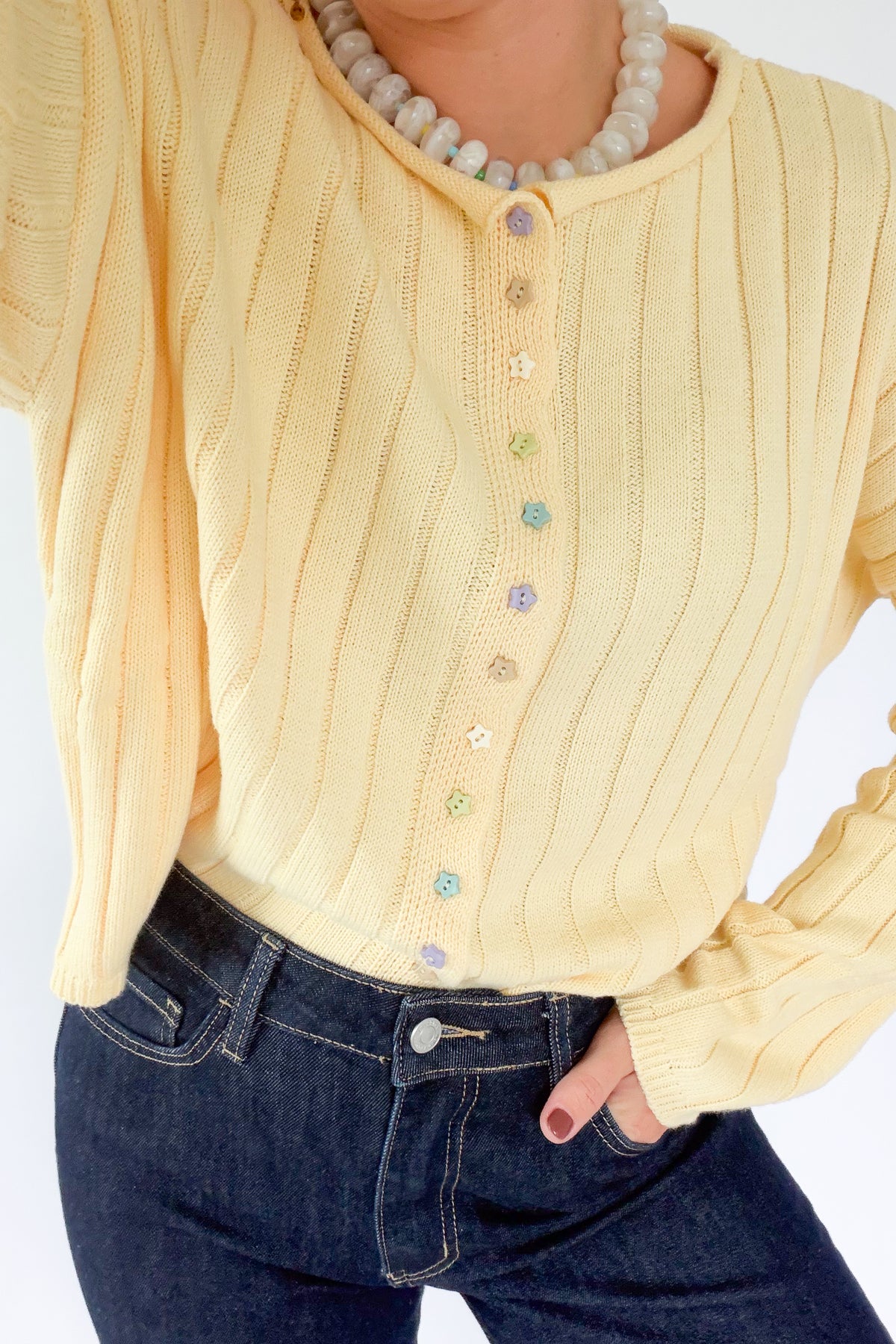 things between butter yellow cardigan with floral buttons 