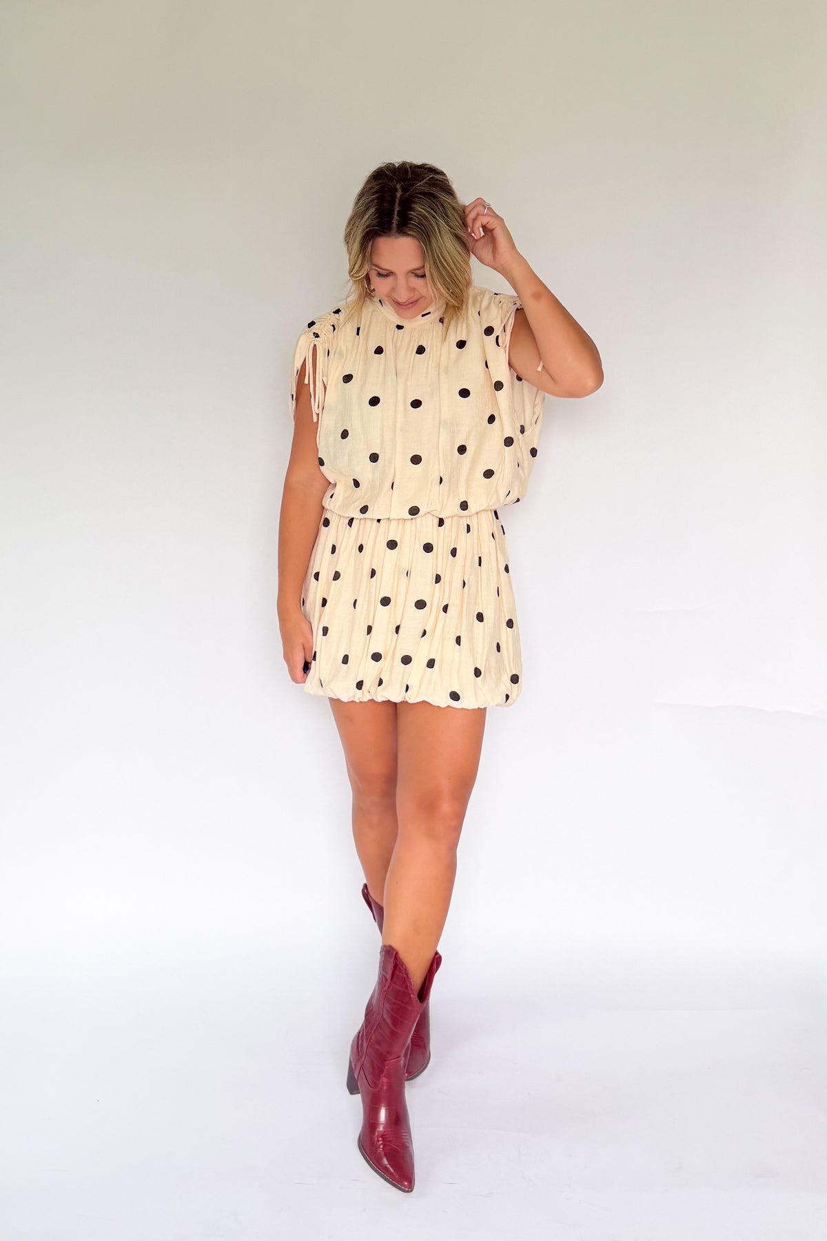 entro ivory mini bubble dress with polka dots