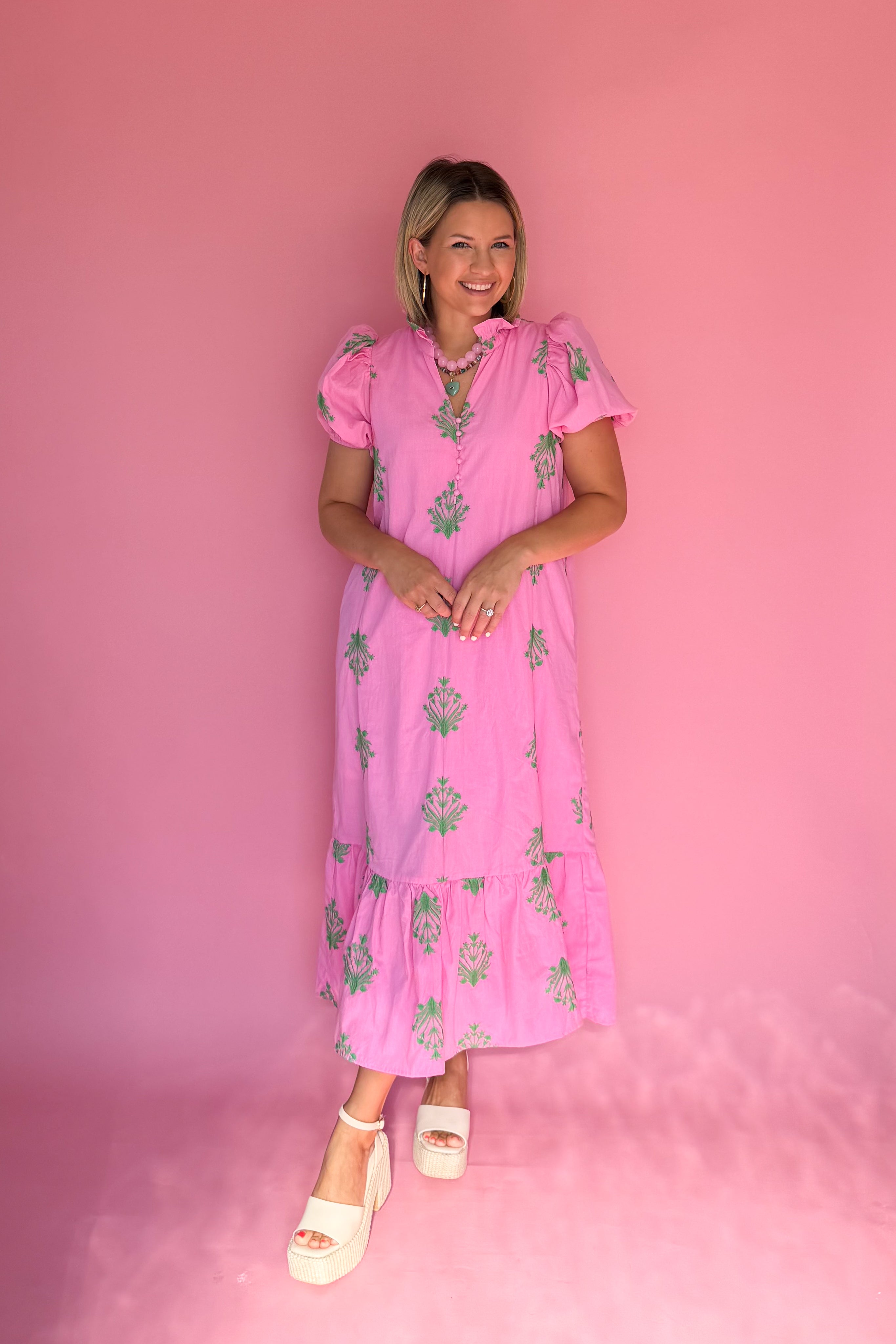 entro hot pink maxi dress with green embroidery