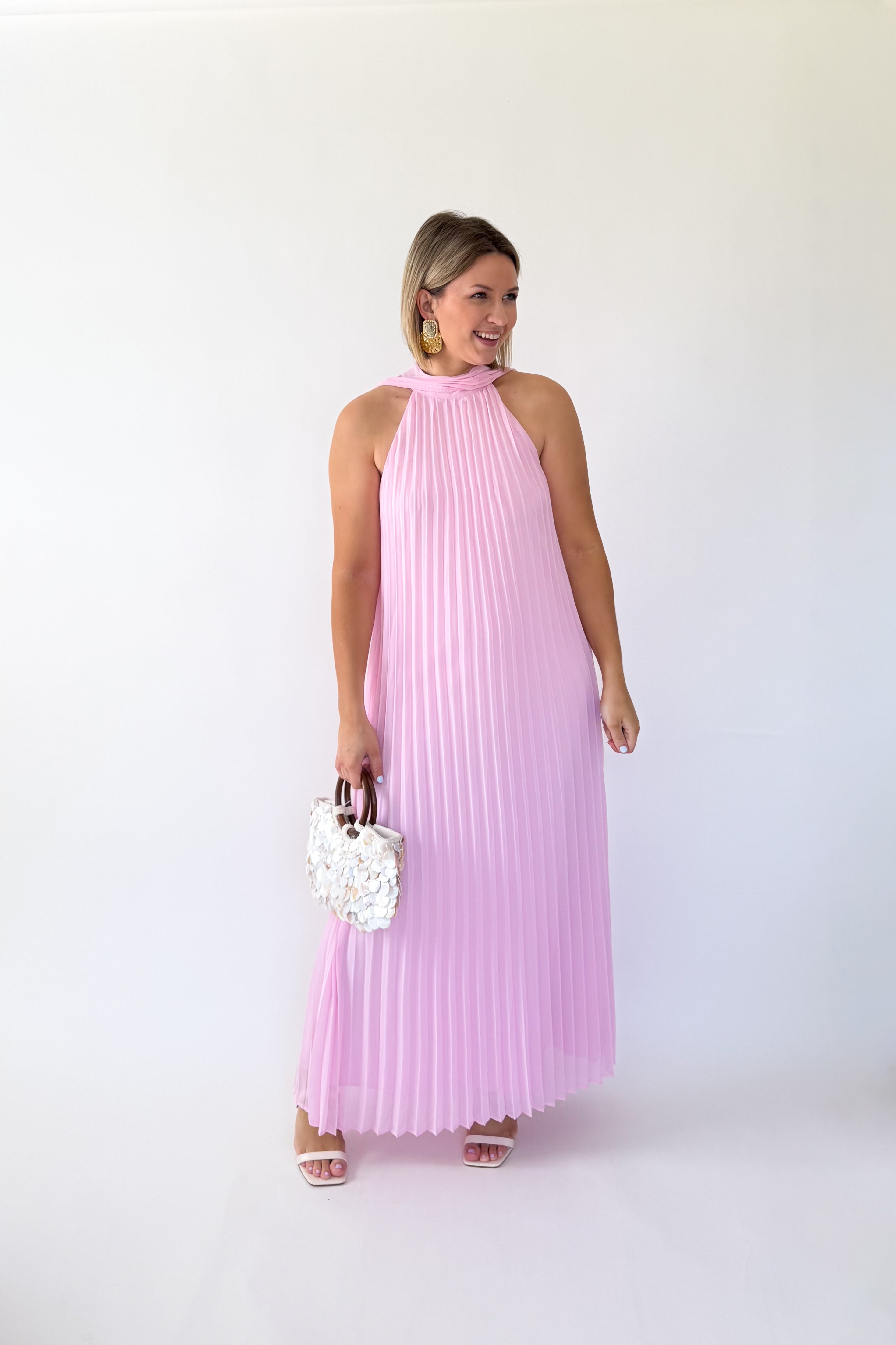 tcec pink pleated maxi dress