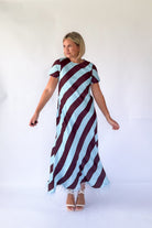 tcec brown & blue stripe maxi with feathers formal dress