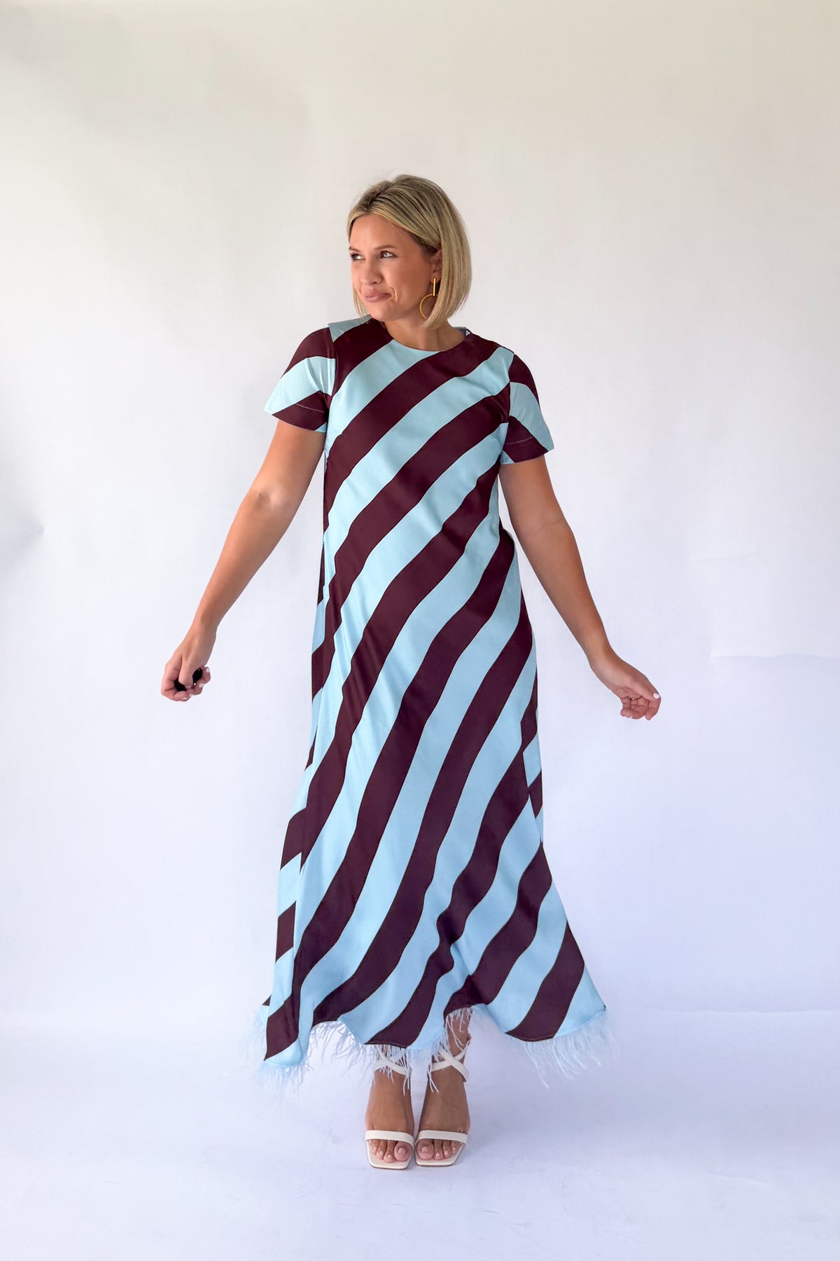 tcec brown & blue stripe maxi with feathers formal dress