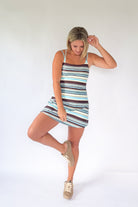 tcec brown& blue stripe athleisure dress