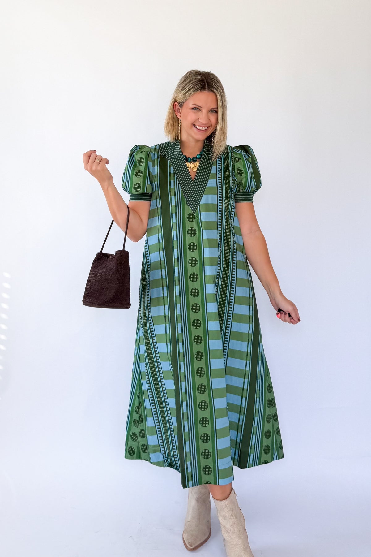 entro green and blue stripe and polka dot maxi dress