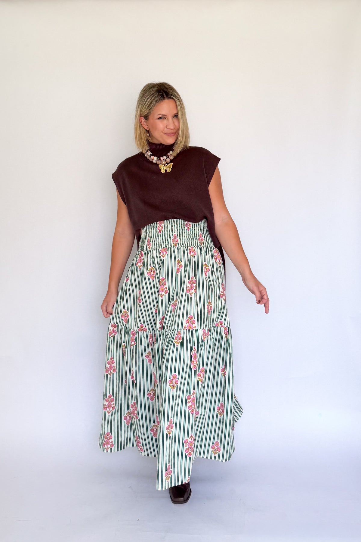 Stripe Floral Smock Maxi Skirt By Karlie