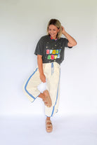 Bucketlist cream & blue windbreaker pants free people dupe