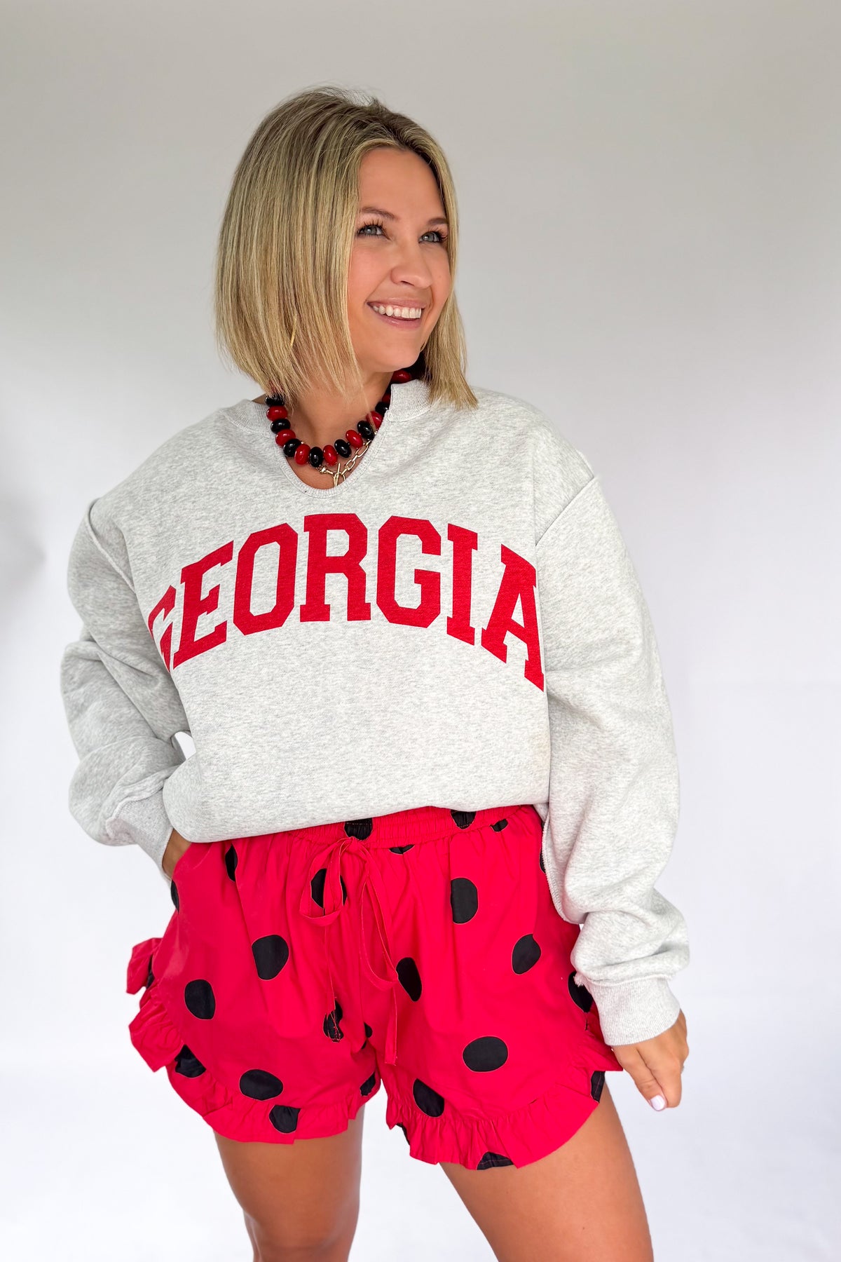 PEACH LOVE CALIFORNIA RED & BLACK POLKA DOT SHORTS
