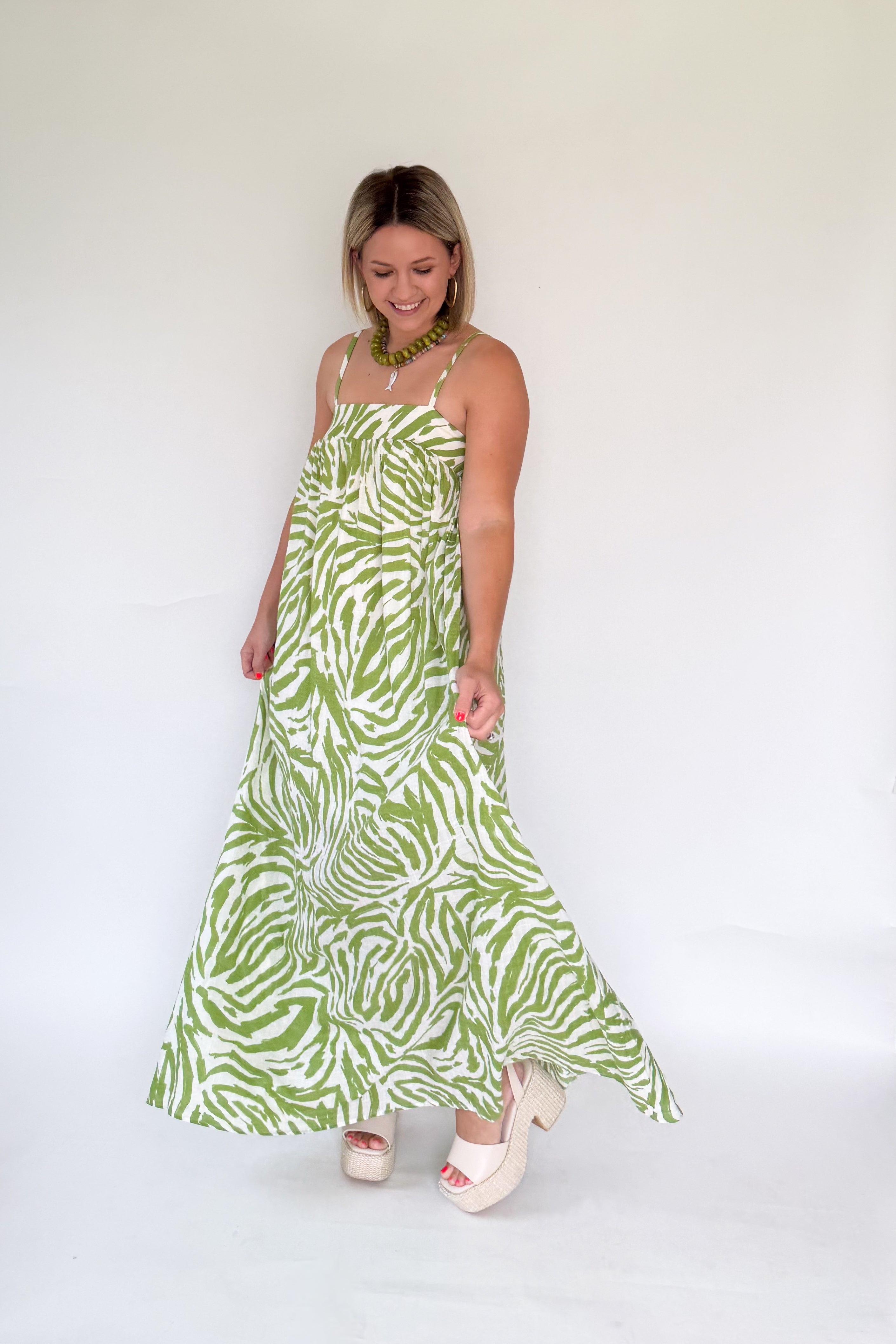 entro matcha green zebra maxi dress