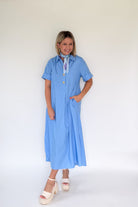 entro baby blue maxi dress with gold buttons