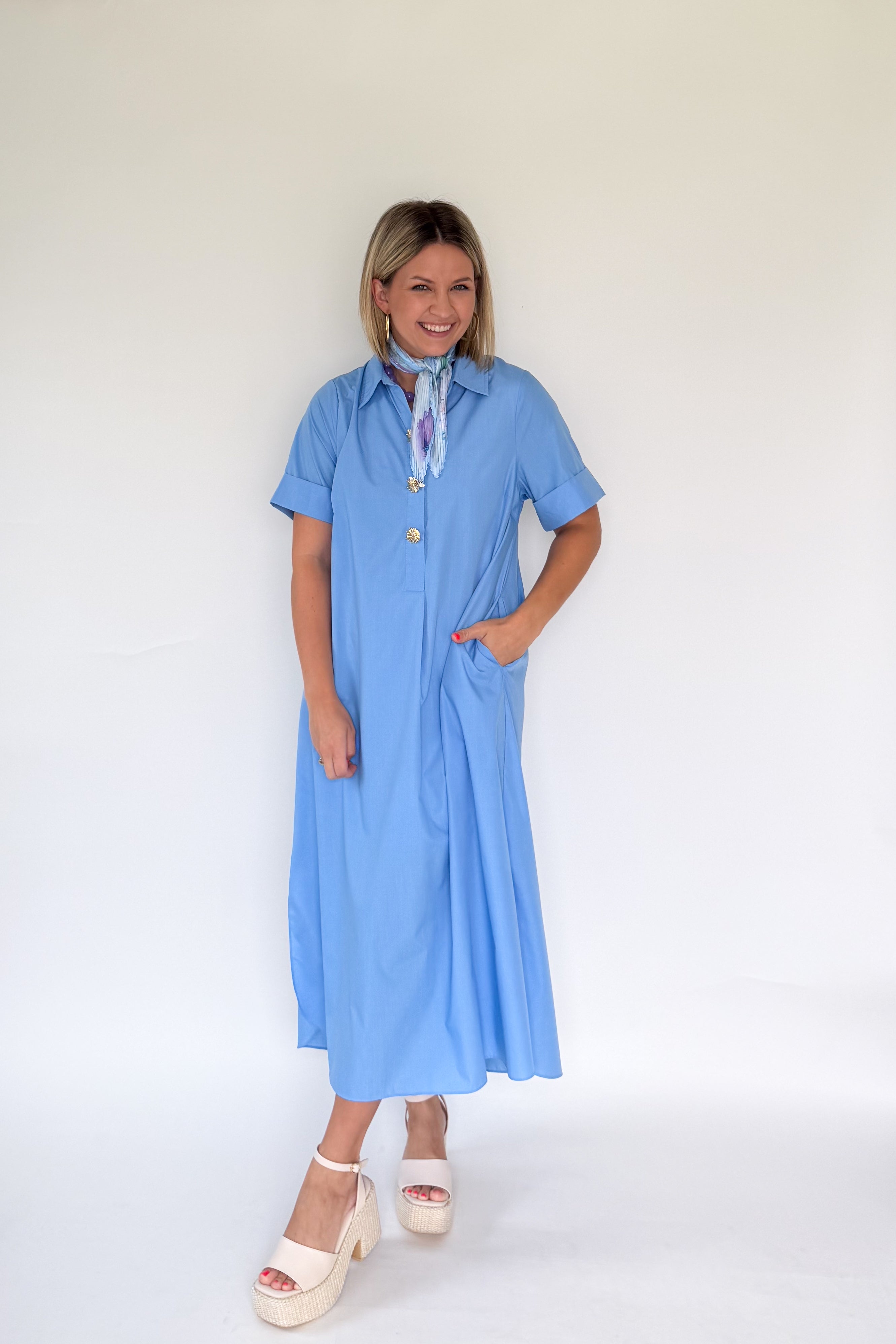 entro baby blue maxi dress with gold buttons