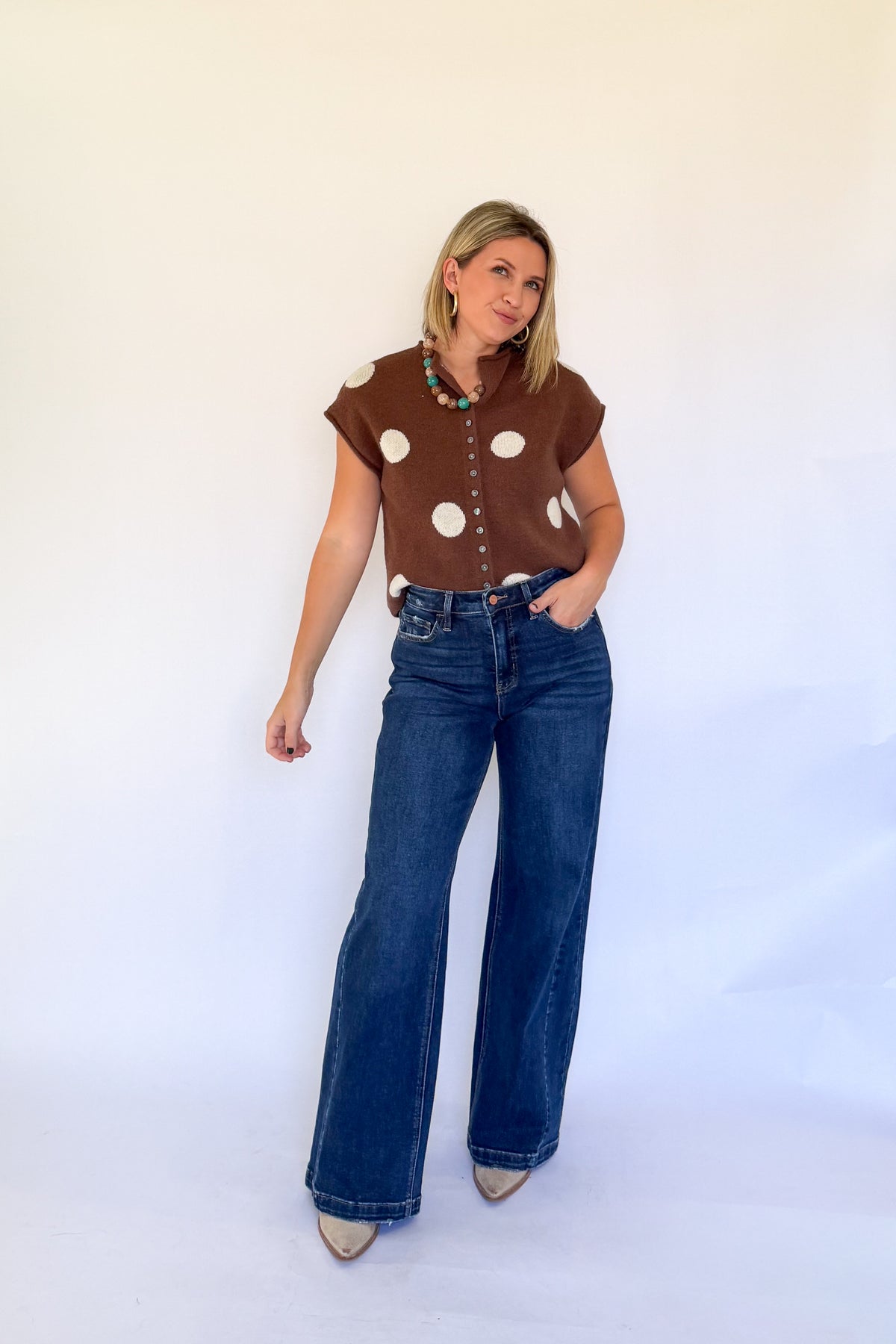 entro chocolate cardigan with white polka dots
