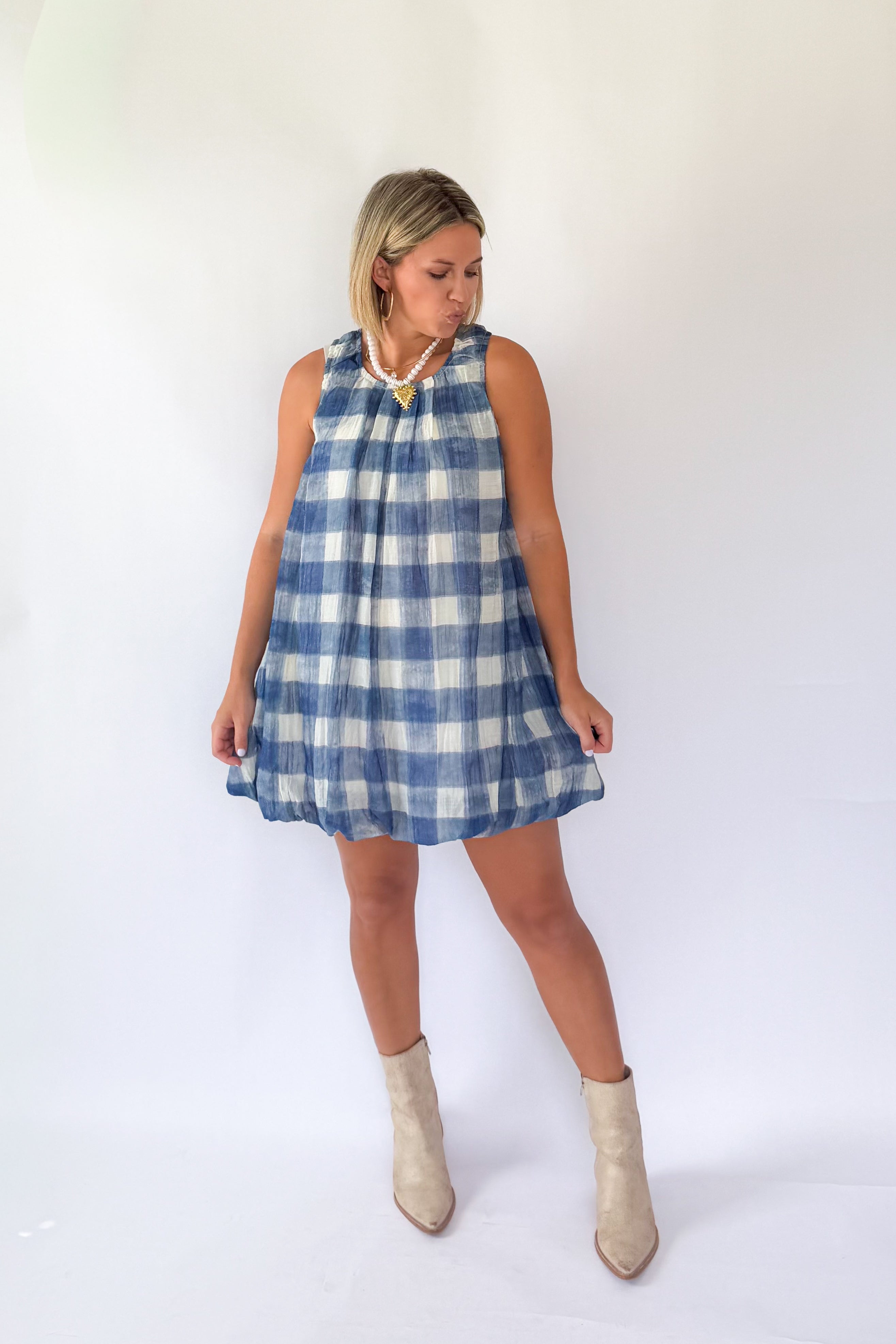 sofie the label navy & white gingham bubble mini dress