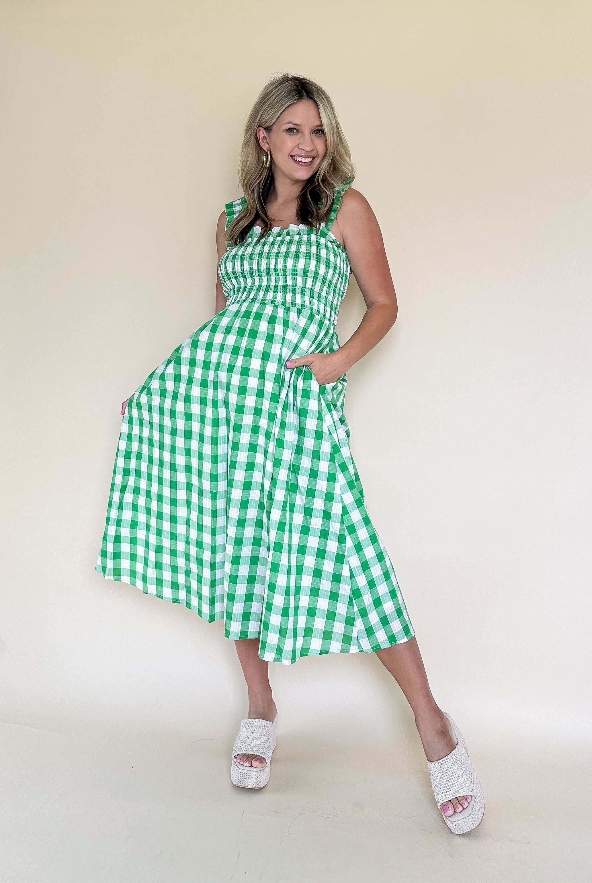 august apprel white and green gingham maxi
