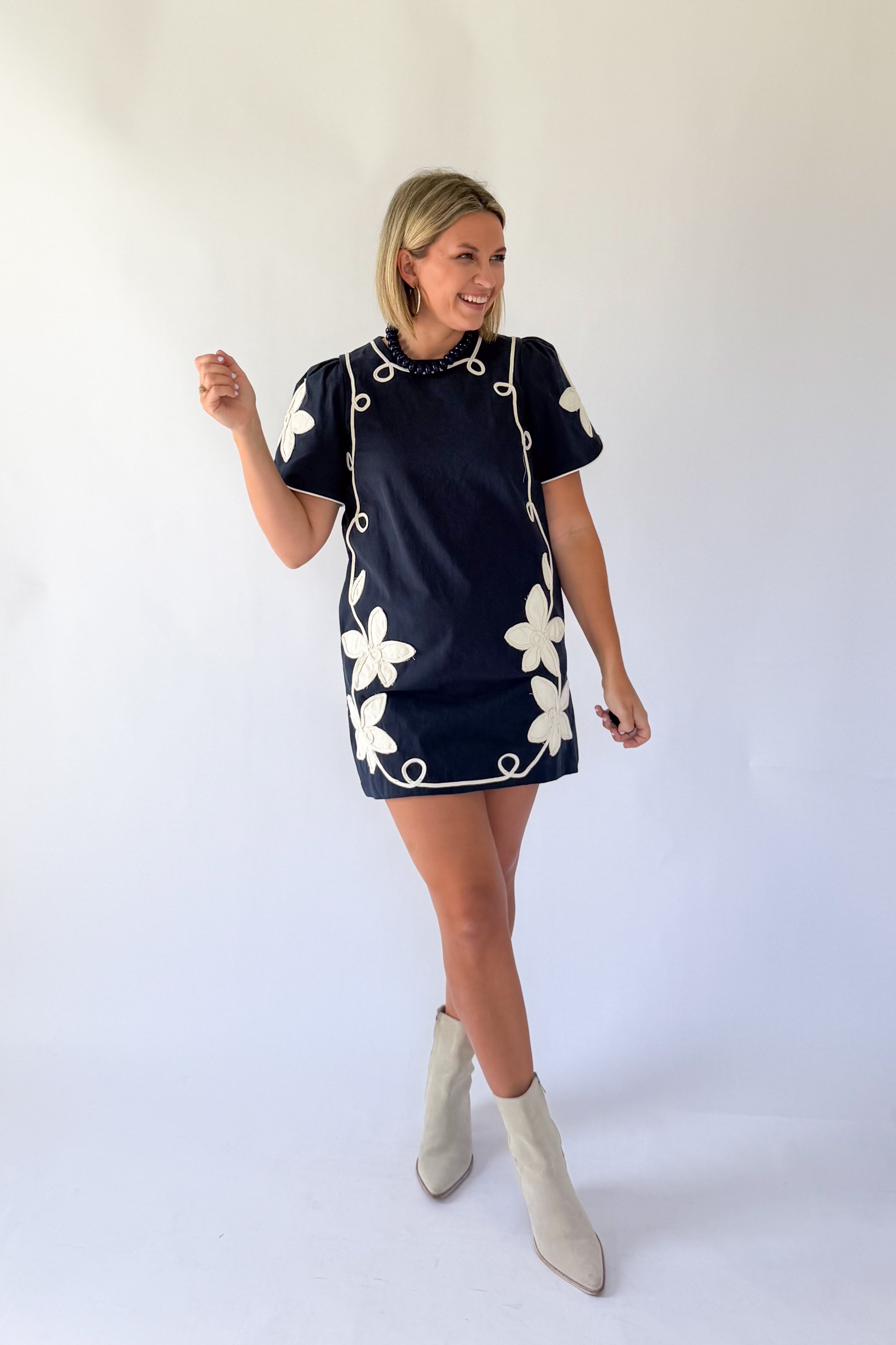 tcec navy mini dress with ivory floral embroidery