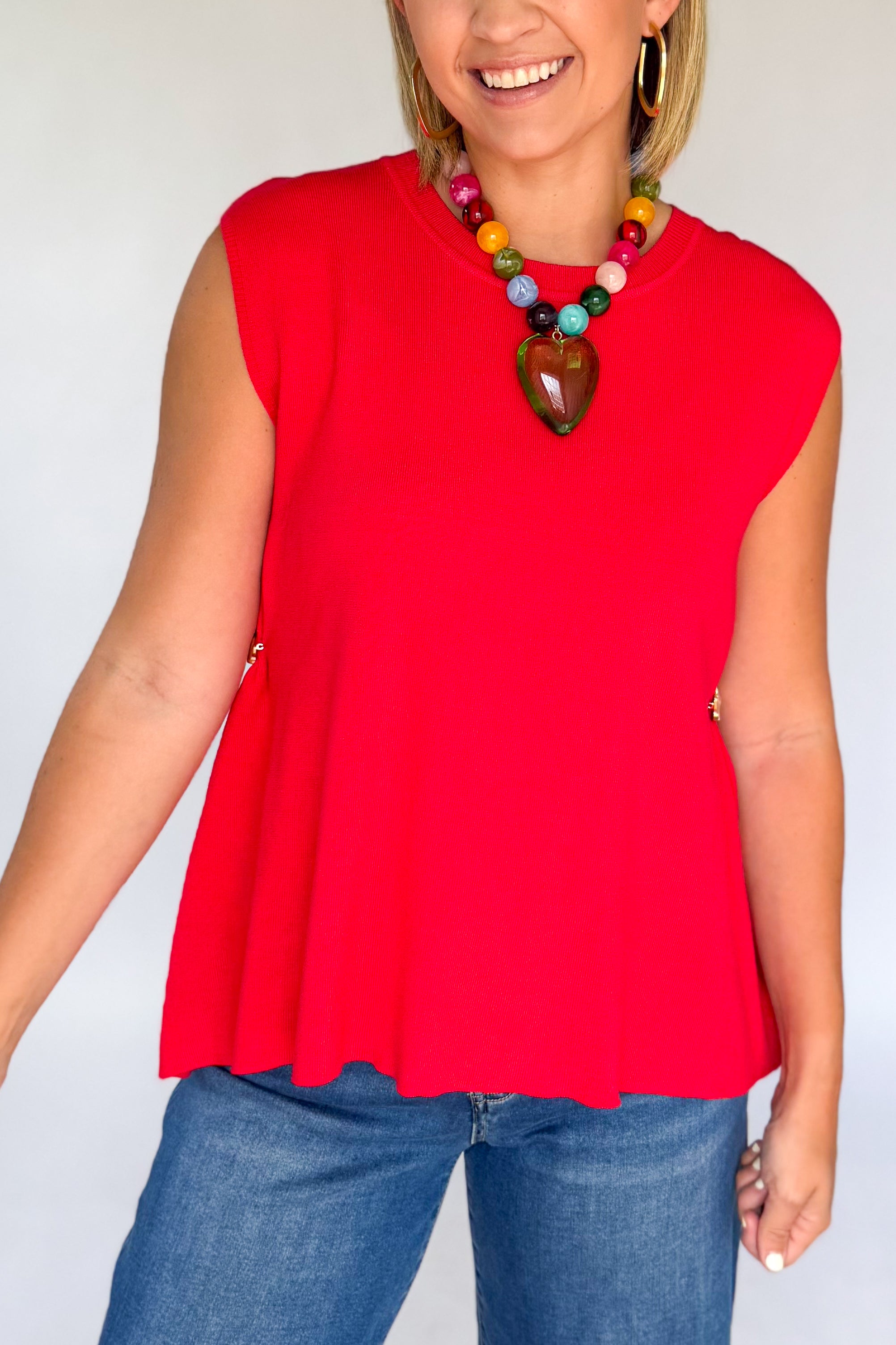 entro red top with gold buttons