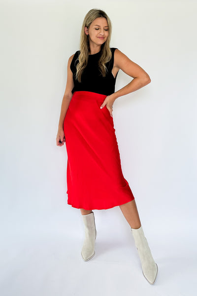 olivaceous red satin midi skirt
