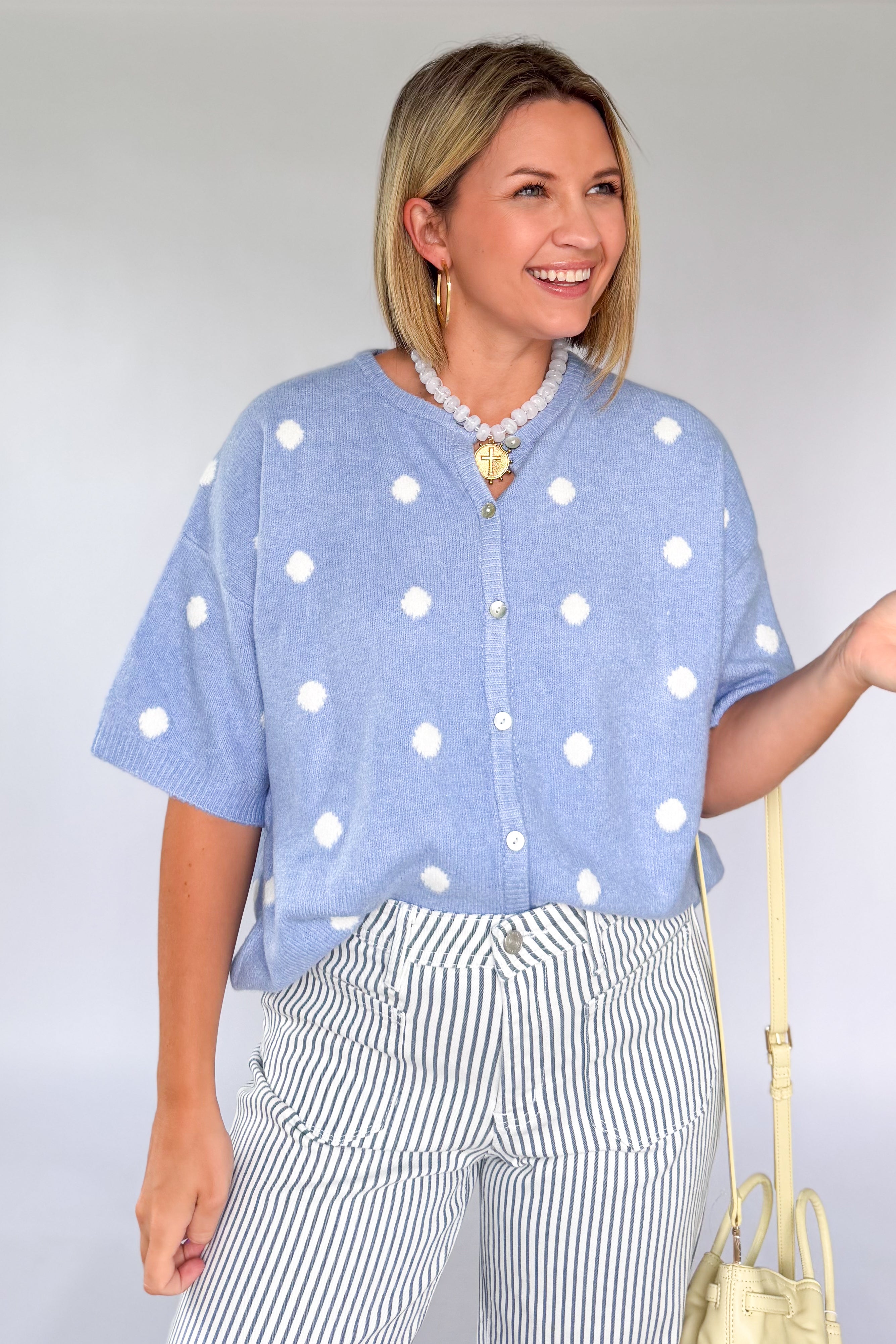 le lis blue polka dot sweater cardigan