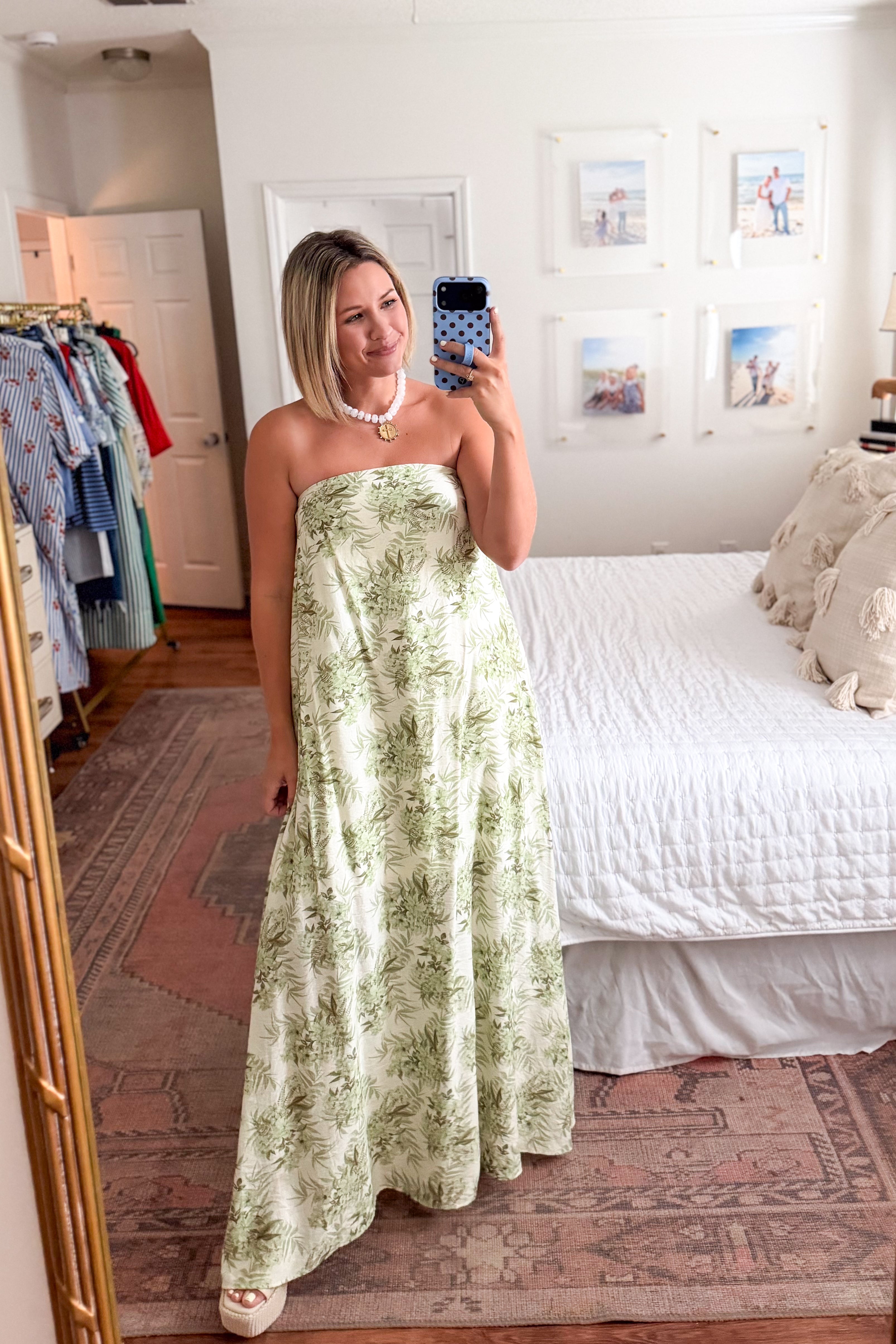 entro green & white strapless maxi