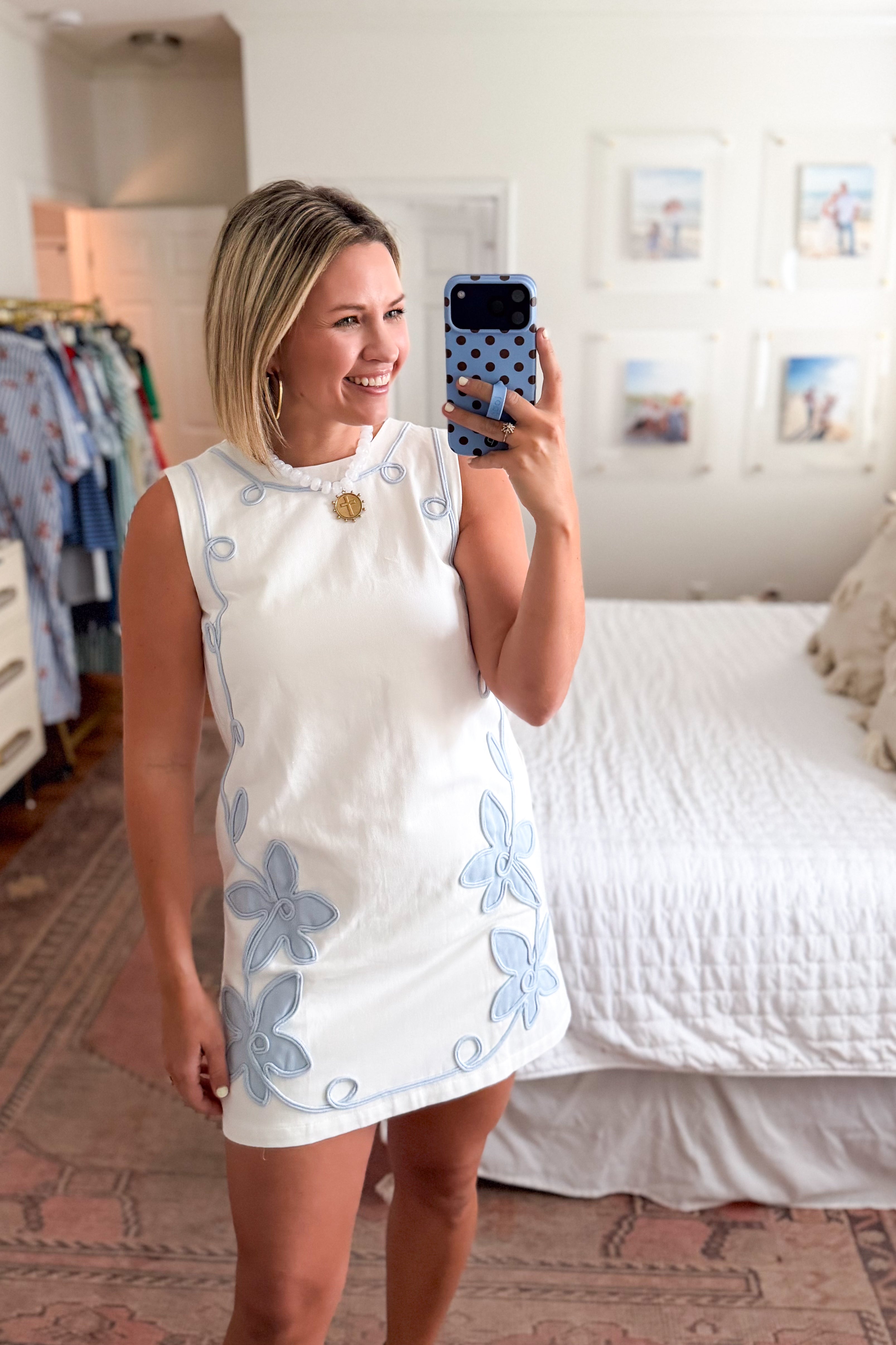 tcec white denim dress with blue embroidery