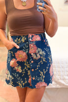 entro floral scalloped denim mini skirt