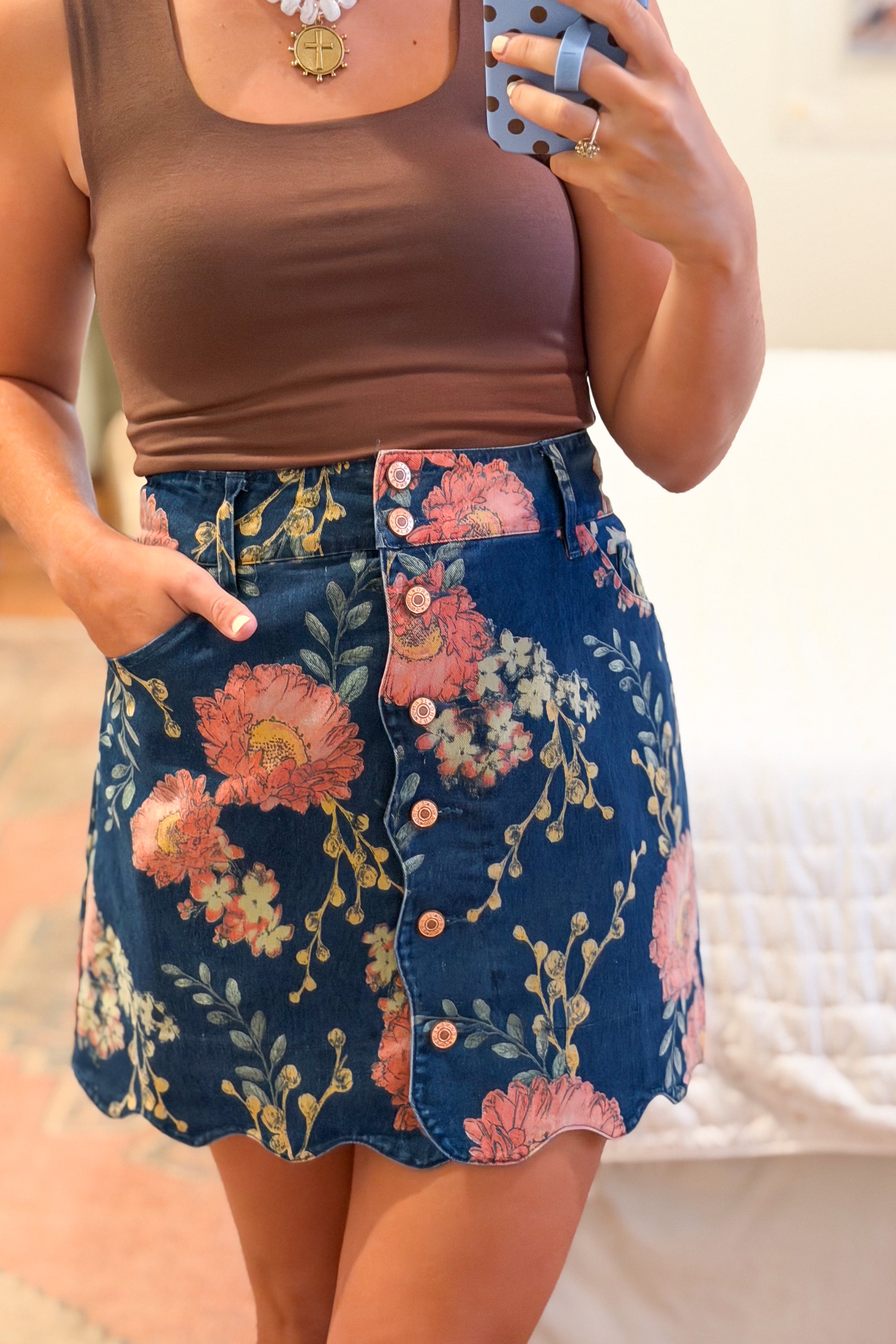 entro floral scalloped denim mini skirt