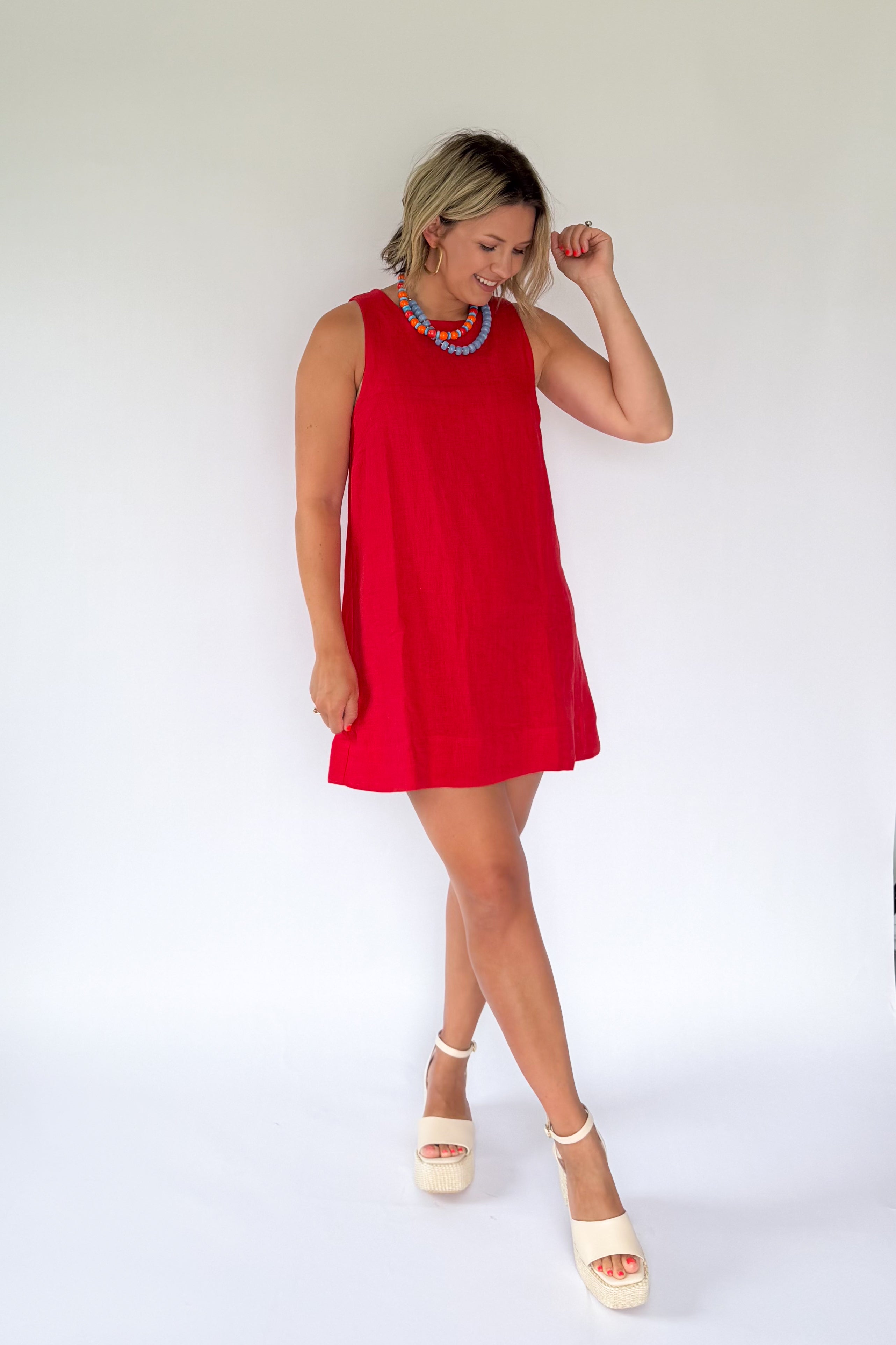 olivaceous red linen mini dress