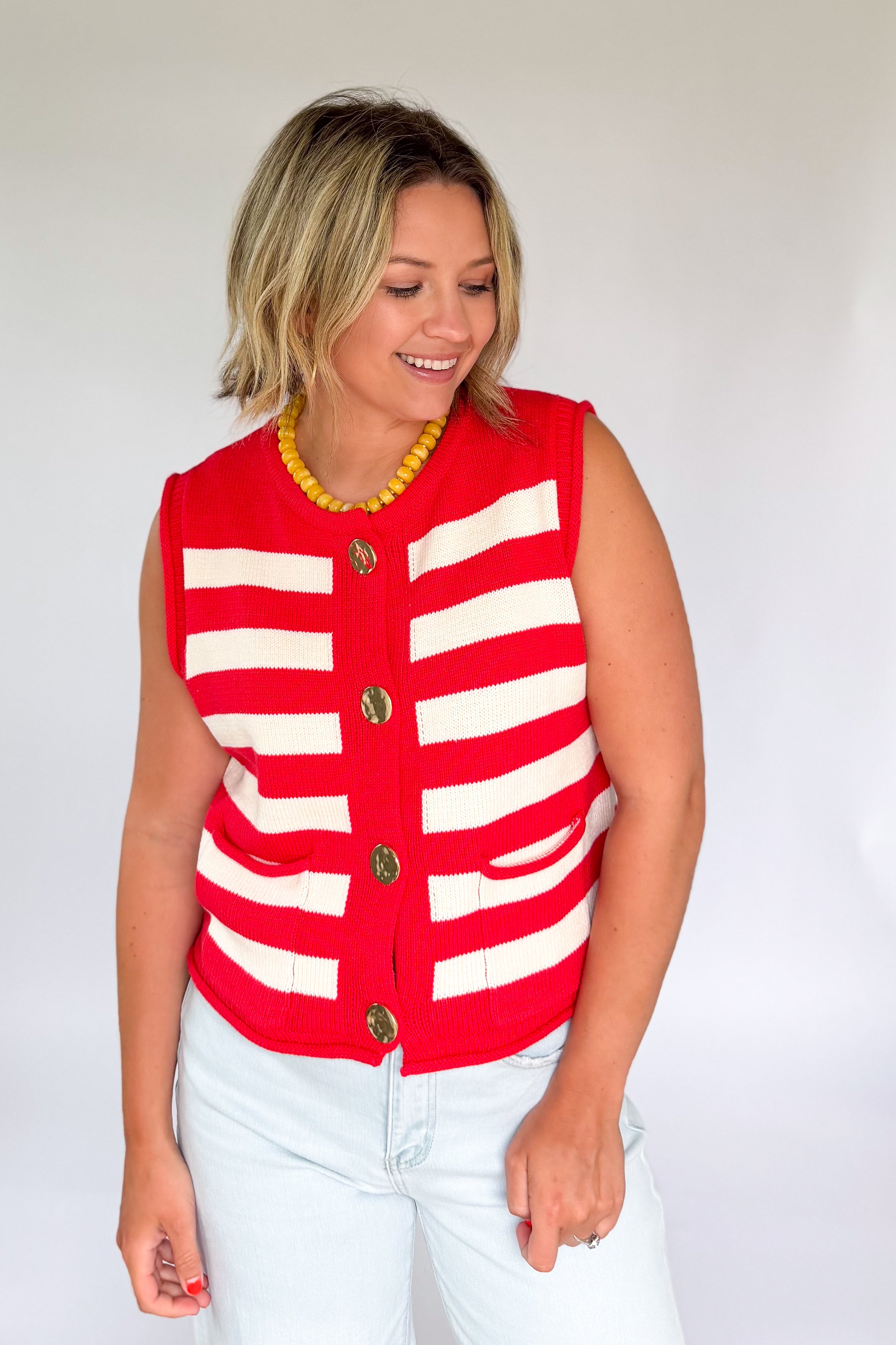 entro red & white sweater with gold buttons