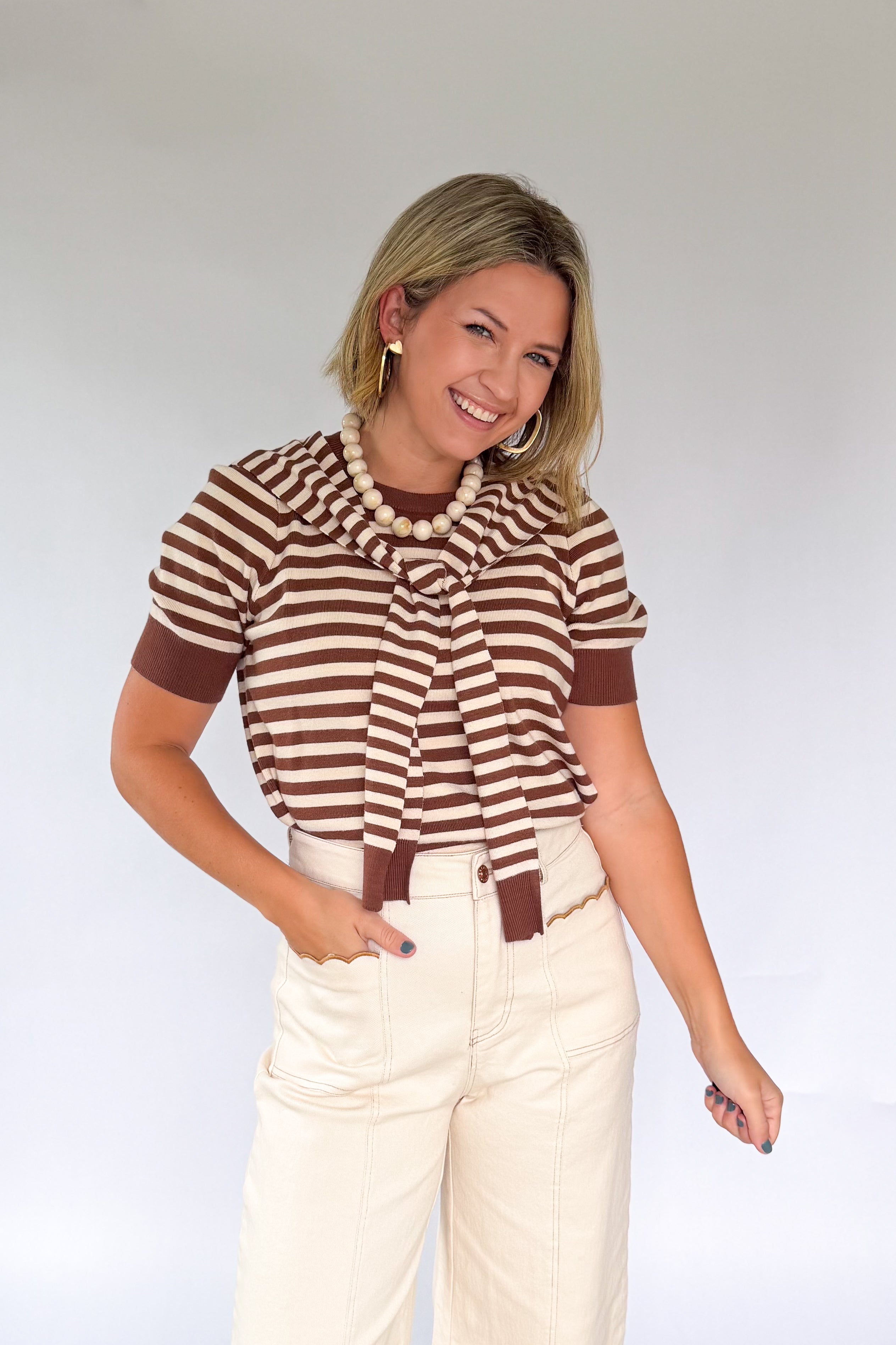 entro brown and ivory stripe top with cardigan detail