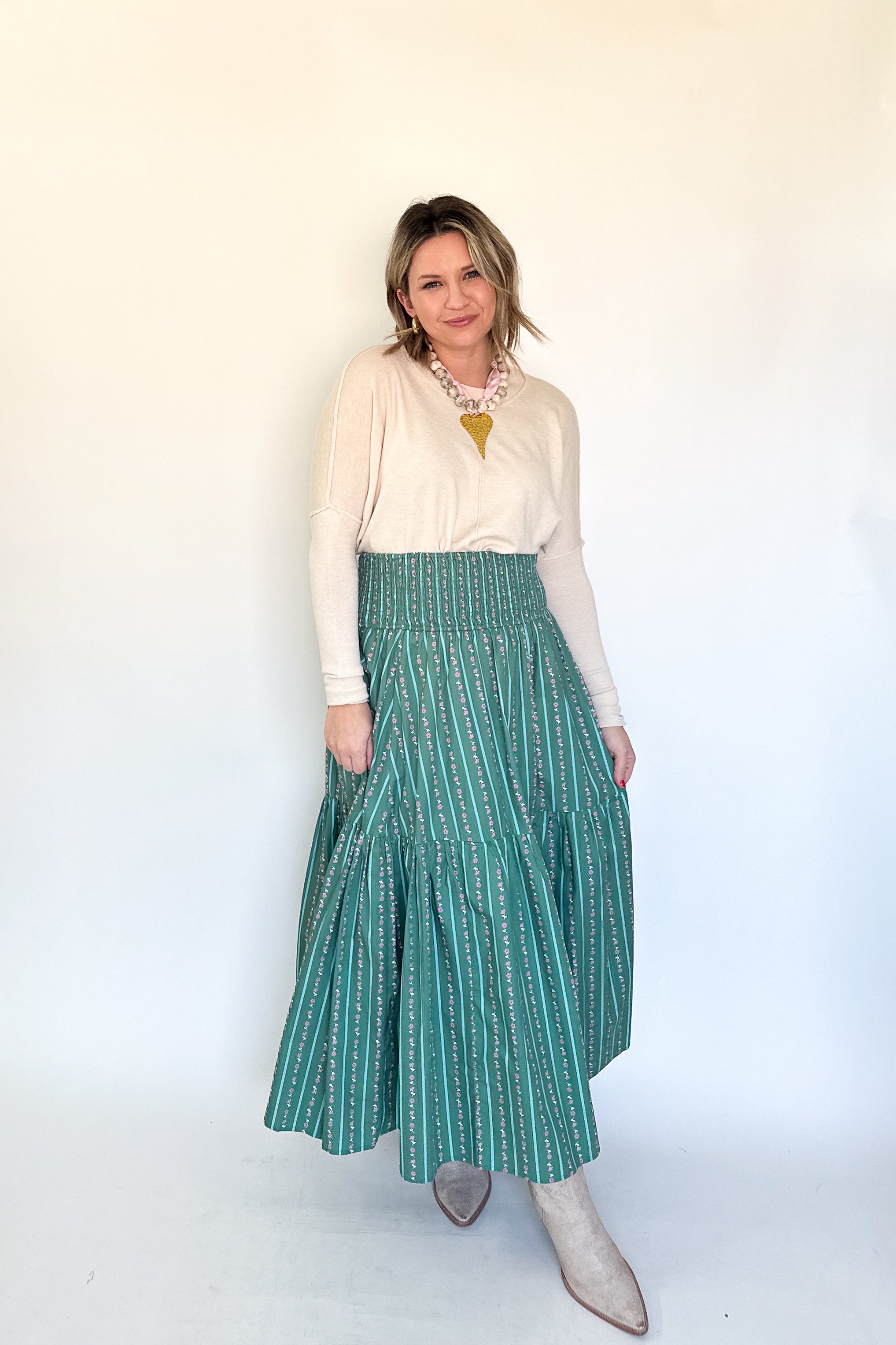 Floral Stripe Smock Maxi Skirt By Karlie