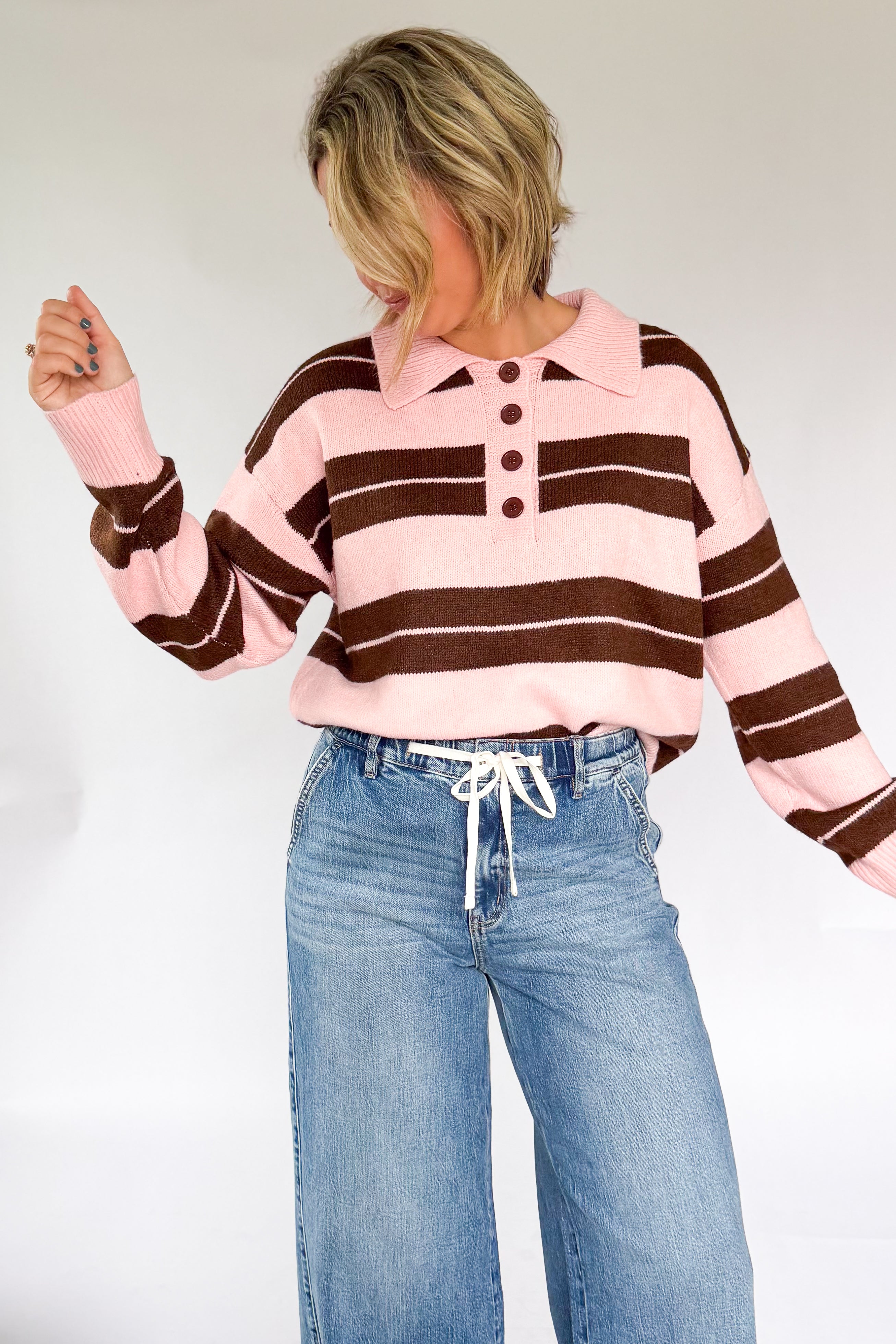 entro pink & brown stripe collared sweater