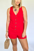 olivaceous red linen romper