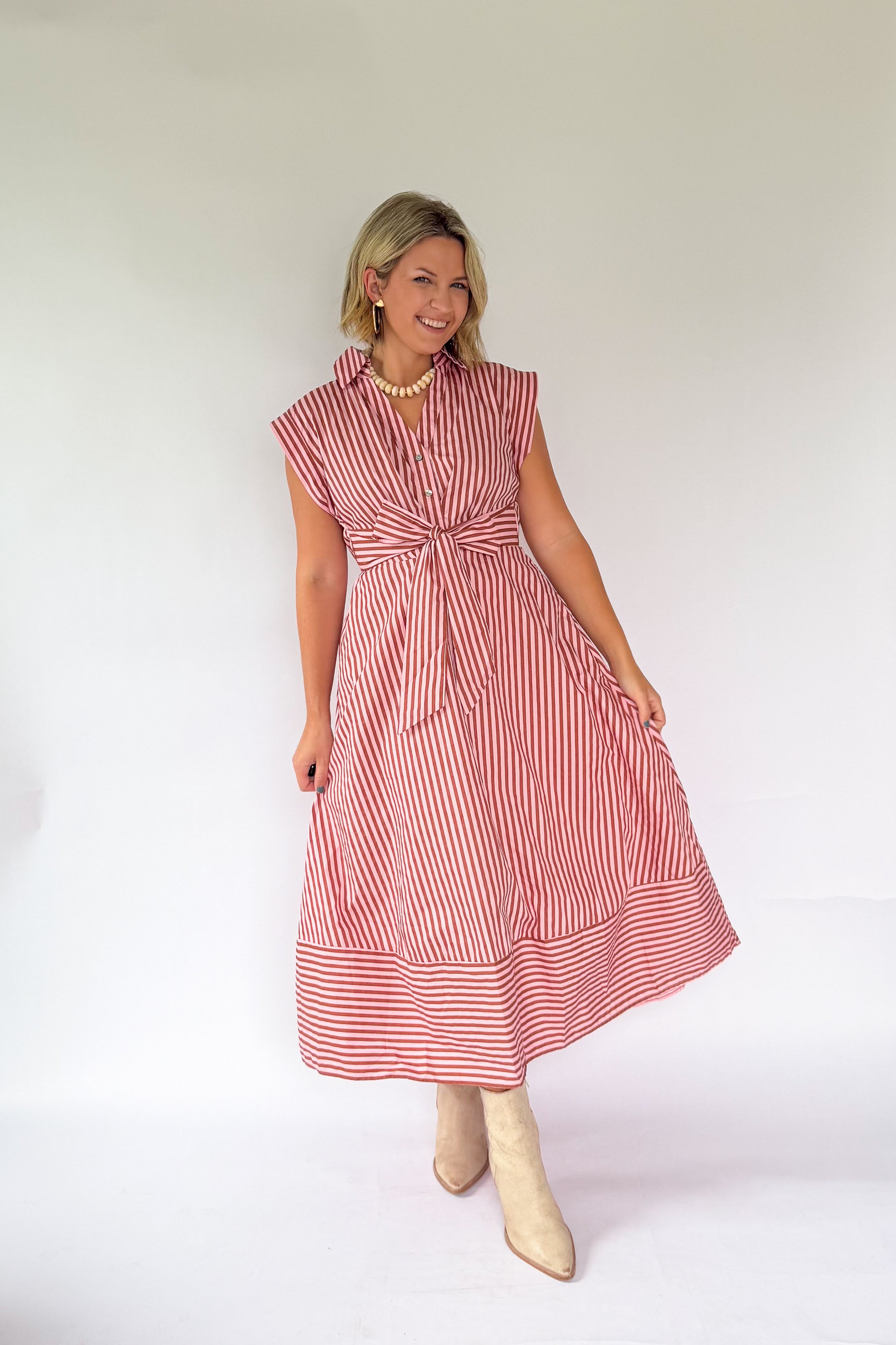 entro pink & brown stripe  tie maxi dress