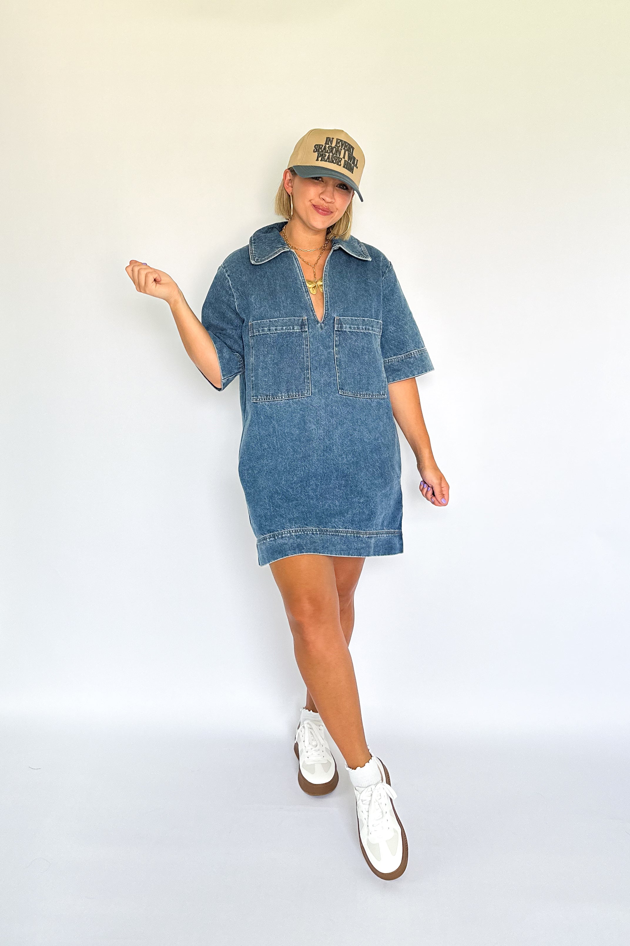 olivaceous denim pocket mini dress