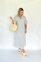 adrienne navy and white stripe maxi