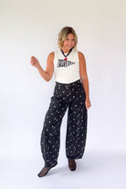 PEACH LOVE CALI BLACK BARREL PANTS WITH WHITE POLKA DOTS