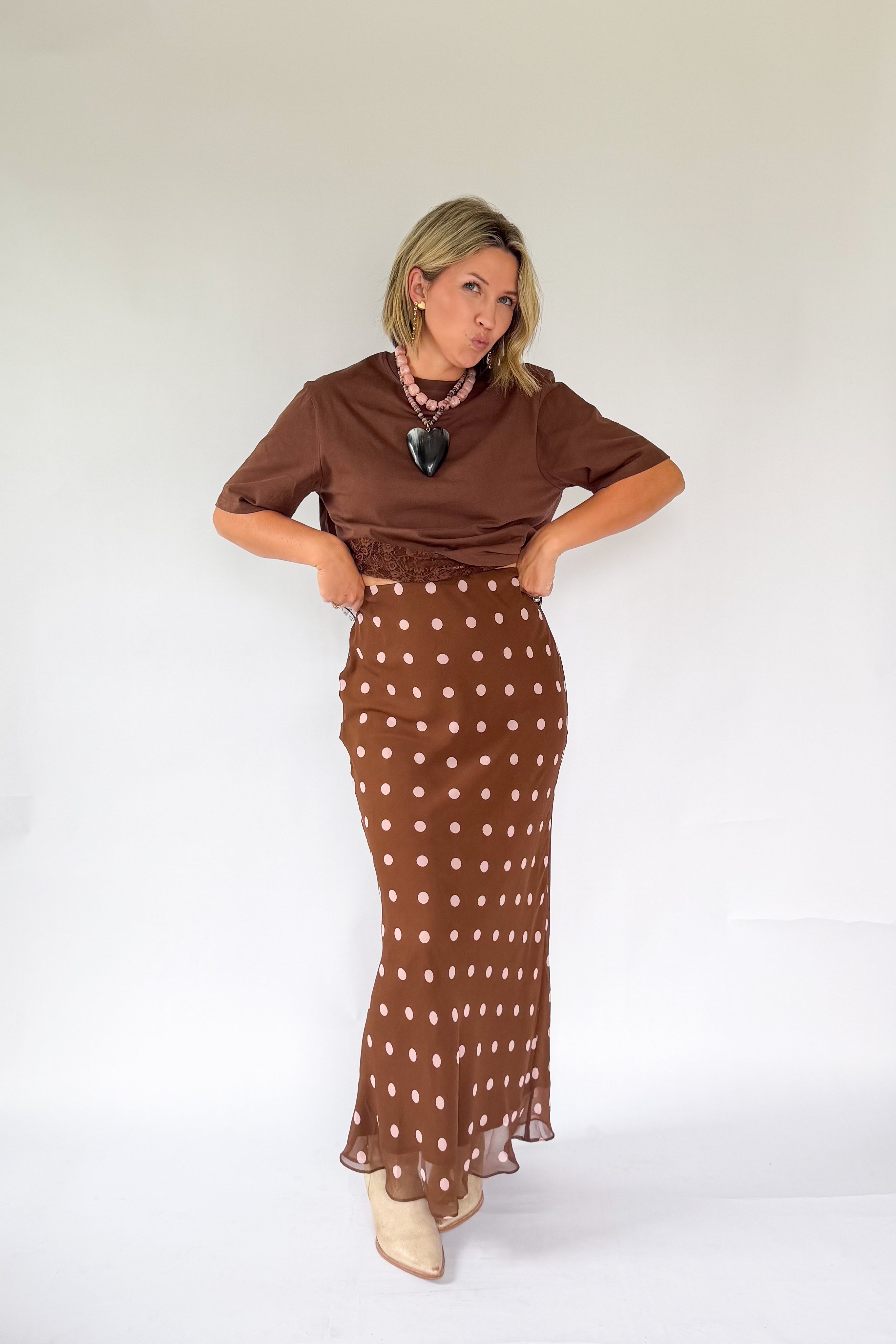 sofie the label brown and pink polka dot satin maxi skirt