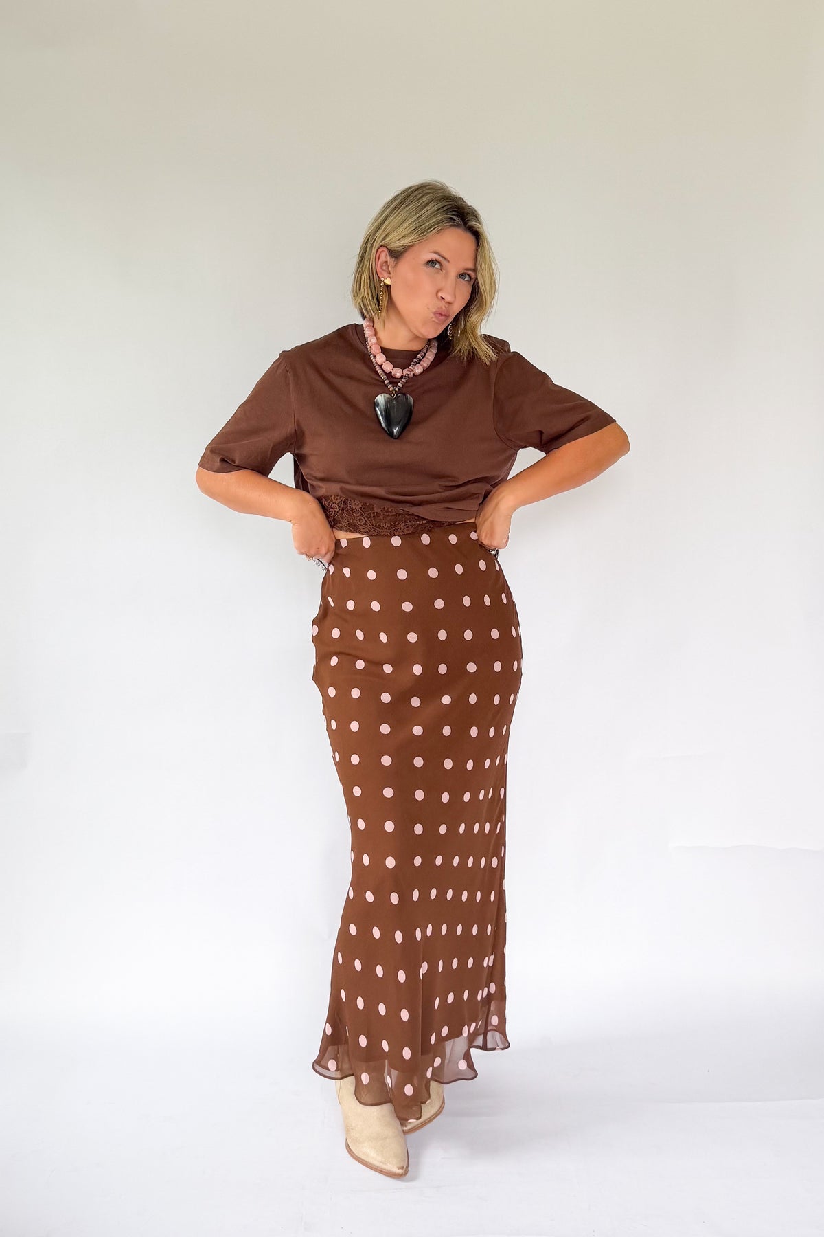sofie the label brown and pink polka dot satin maxi skirt