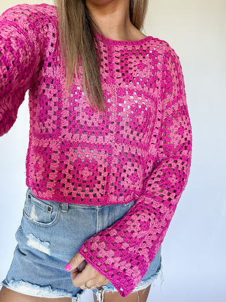 le lis pink crochet long sleeve top