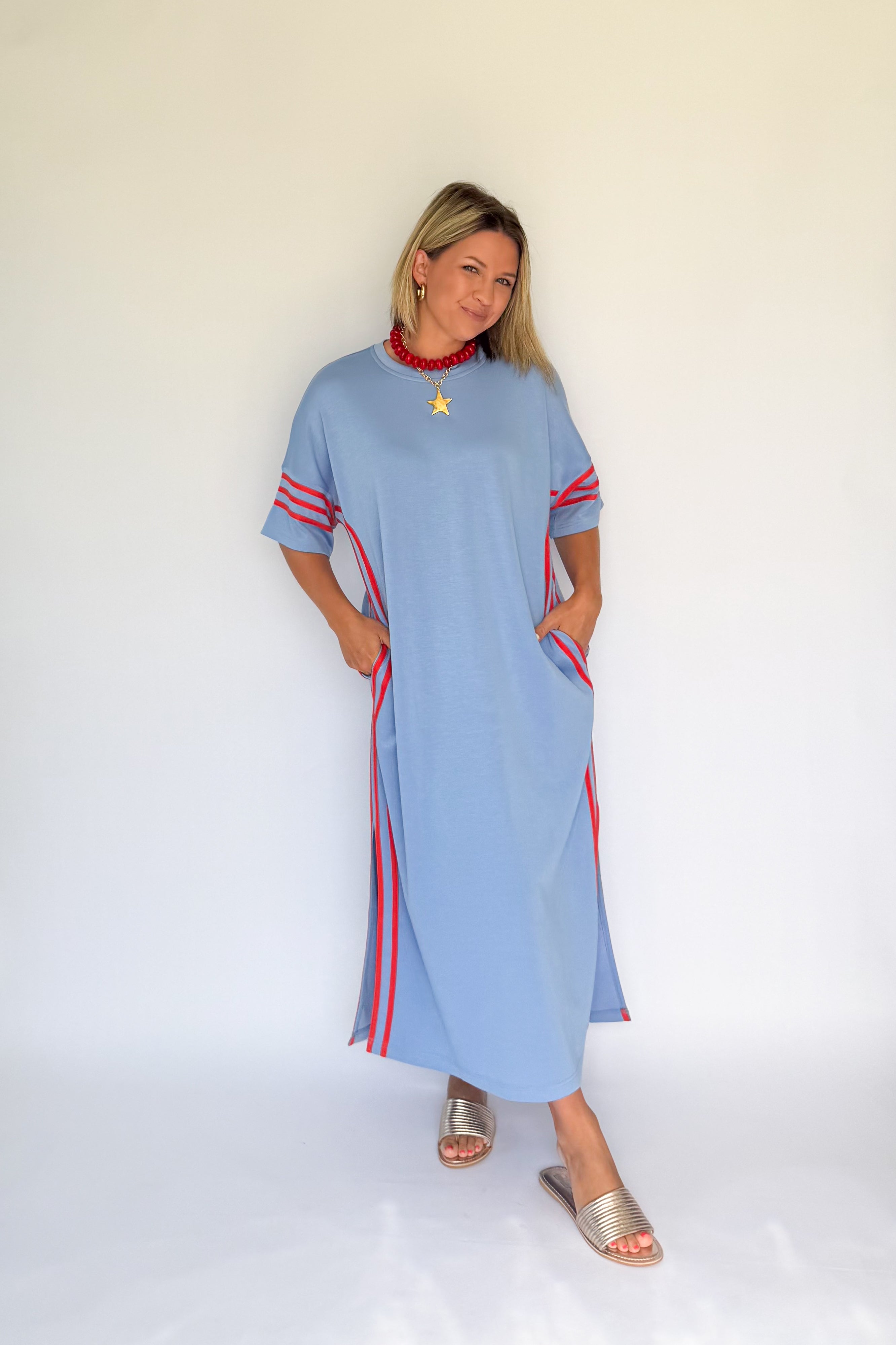 entro blue maxi dress with red stripe