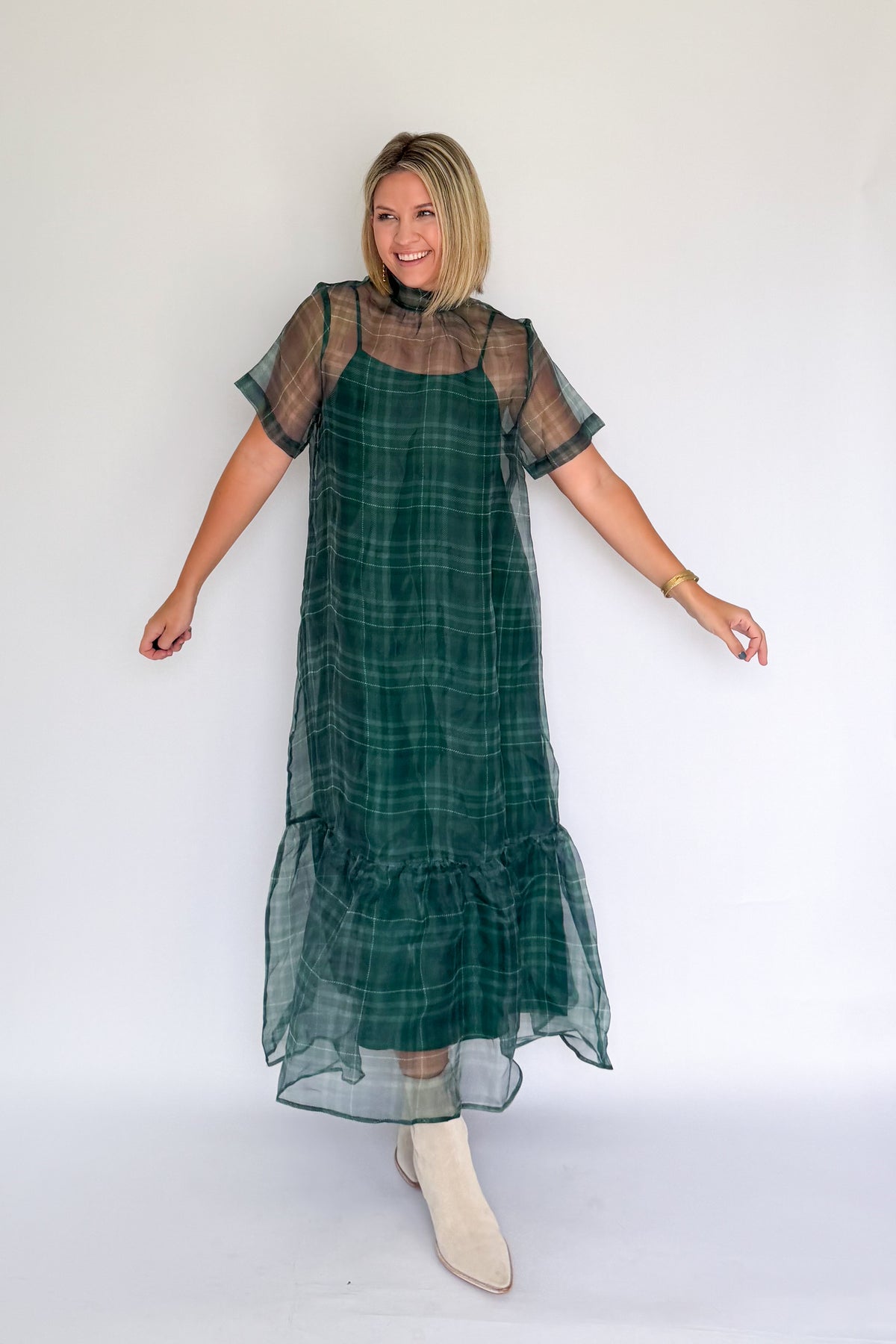 entro plaid tulle maxi dress