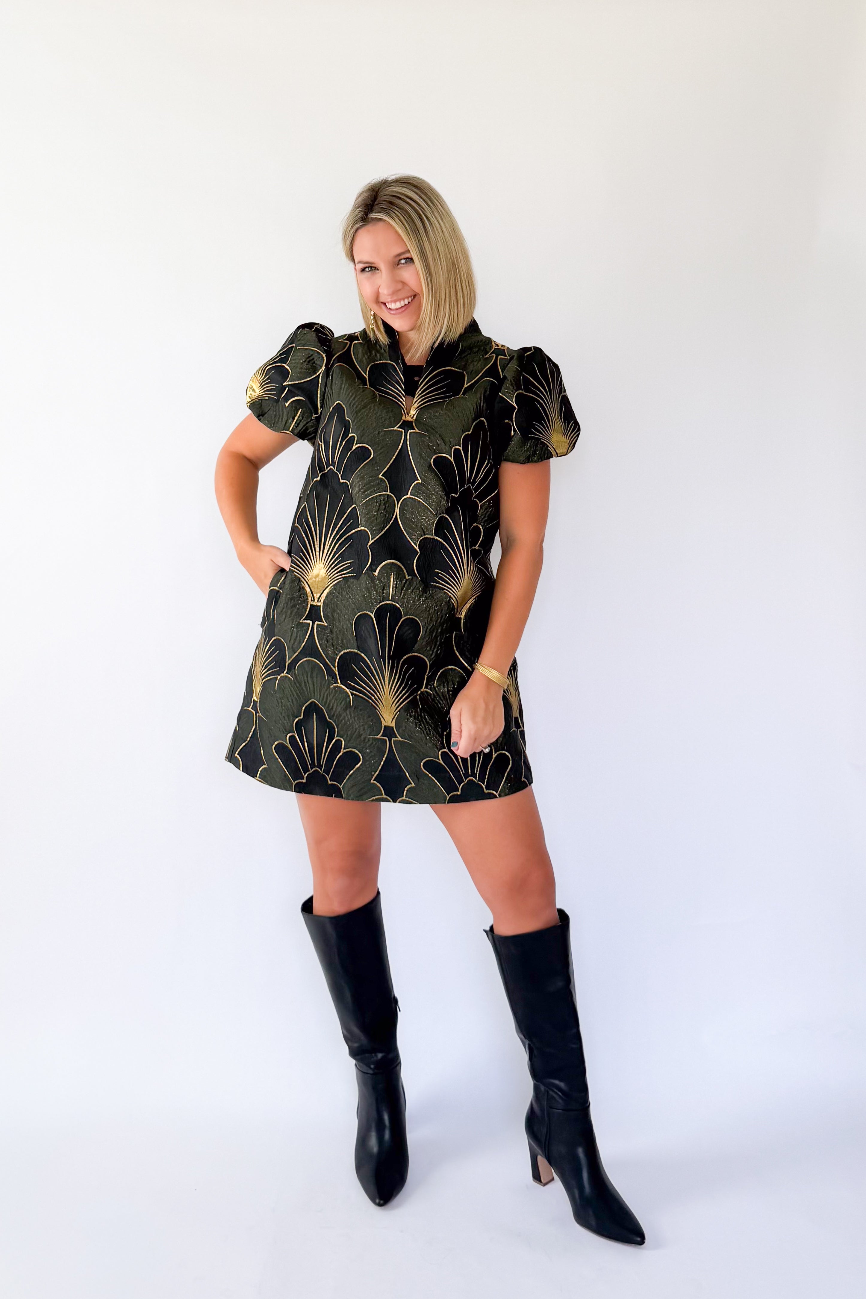 entro green black and gold metallic print dress