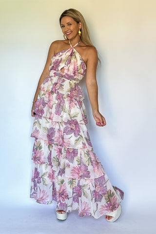 olivaceous floral ruffle halter neck maxi