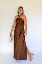 brown satin formal maxi dress by karlie