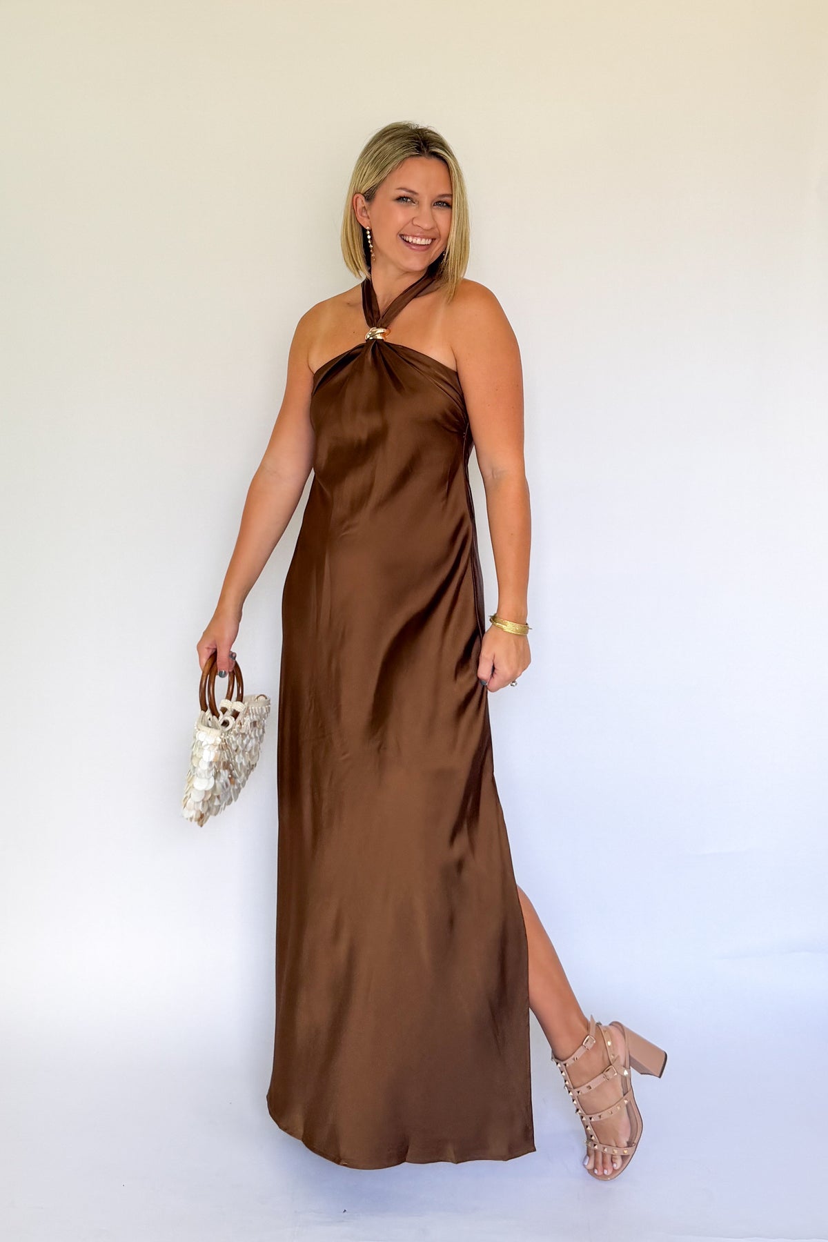 brown satin formal maxi dress by karlie