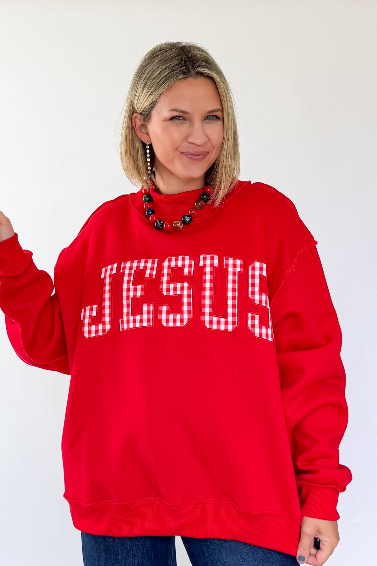 bucketlist jesus gingham red mockneck sweatshirt