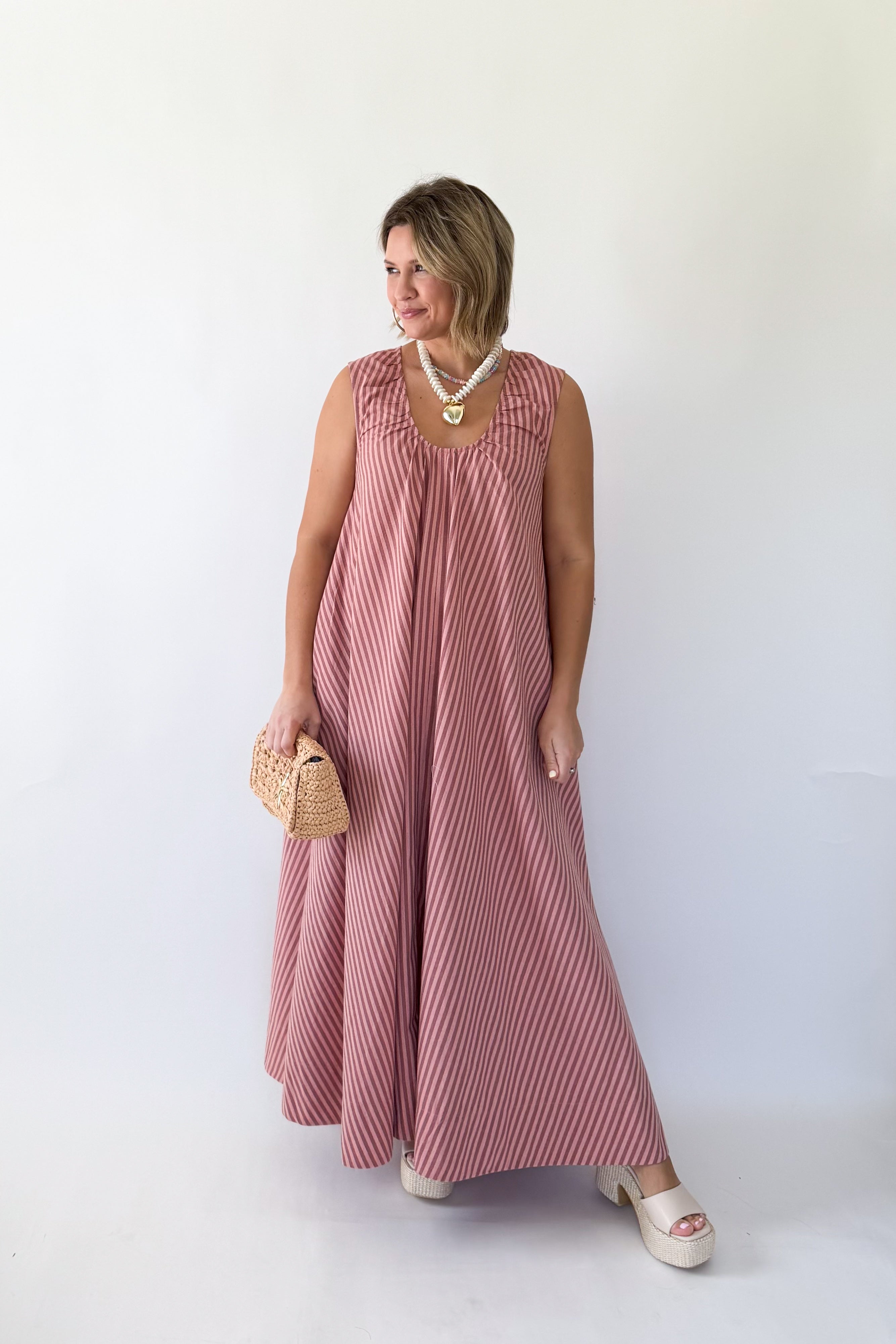olivaceous pink stripe maxi dress