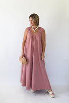 olivaceous pink stripe maxi dress